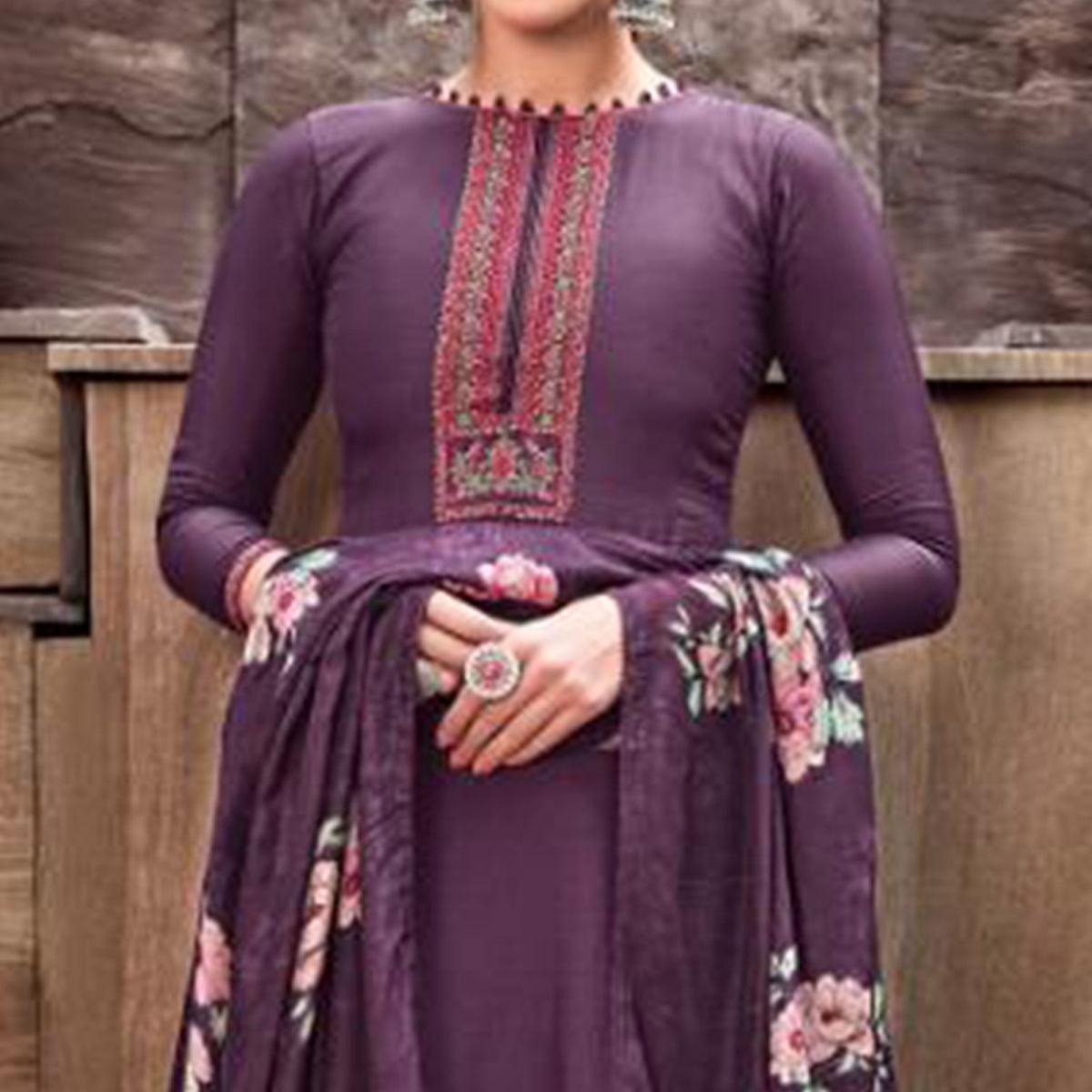 Impressive Purple Colored Partywear Printed Viscose Muslin Suit - Peachmode