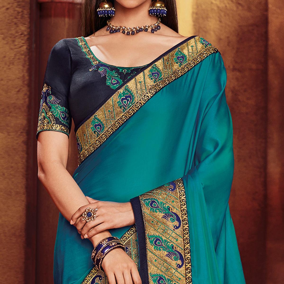 Impressive Rama Blue Colored Party Wear Embroidered Art Silk Saree - Peachmode