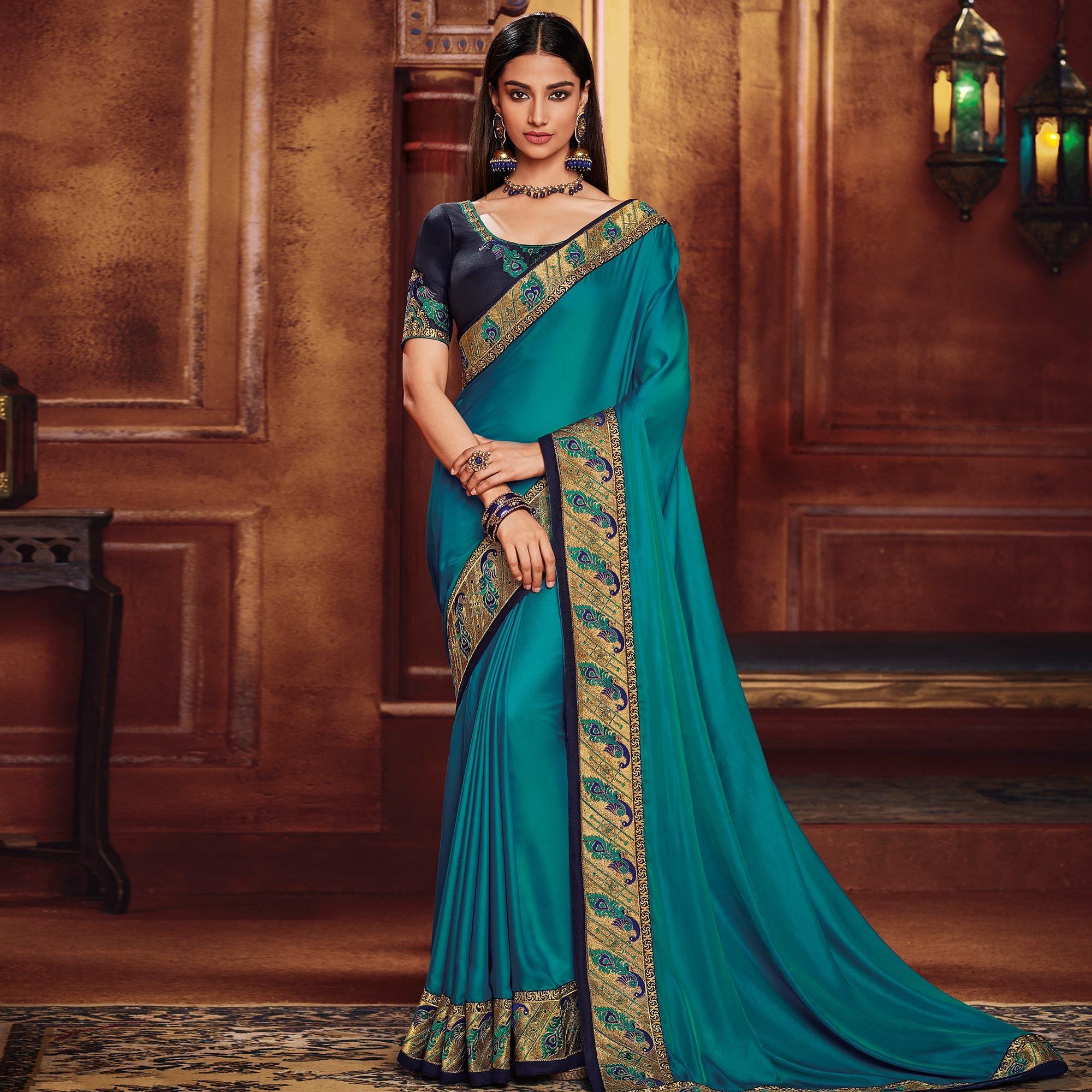 Impressive Rama Blue Colored Party Wear Embroidered Art Silk Saree - Peachmode