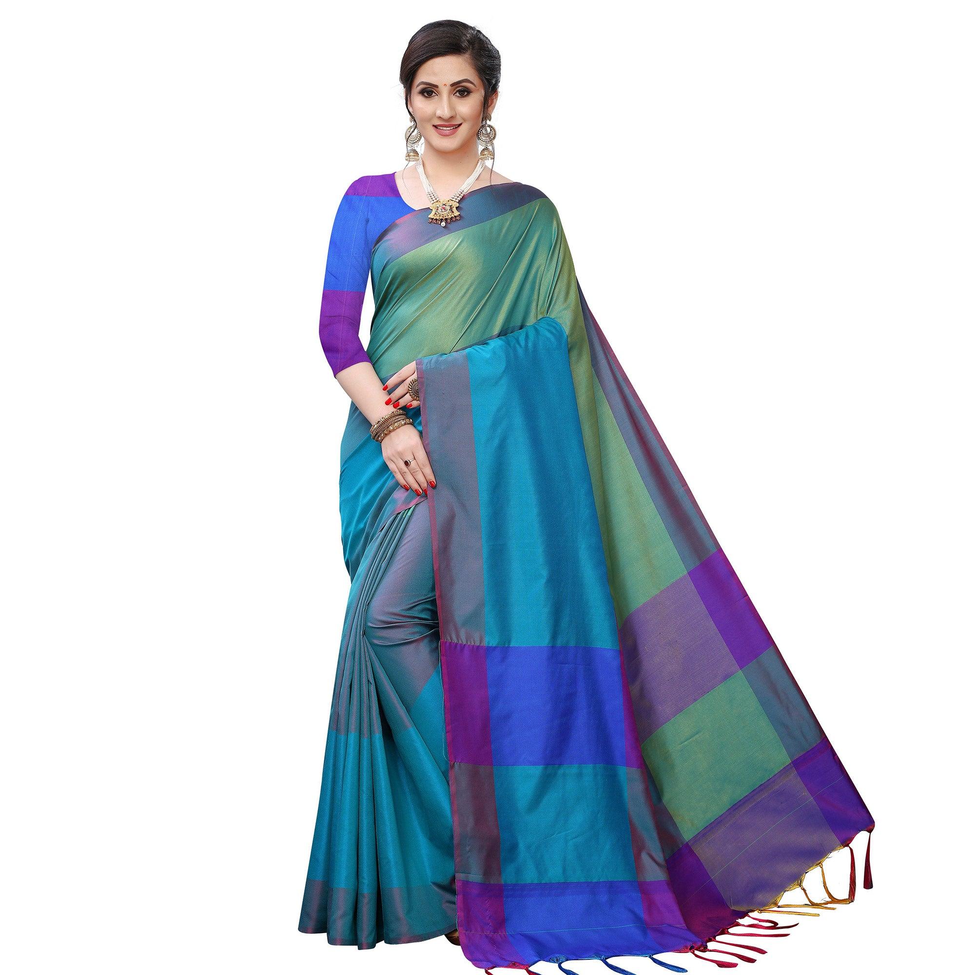 Impressive Rama Green Colored Festive Wear Woven Sana Silk Saree - Peachmode