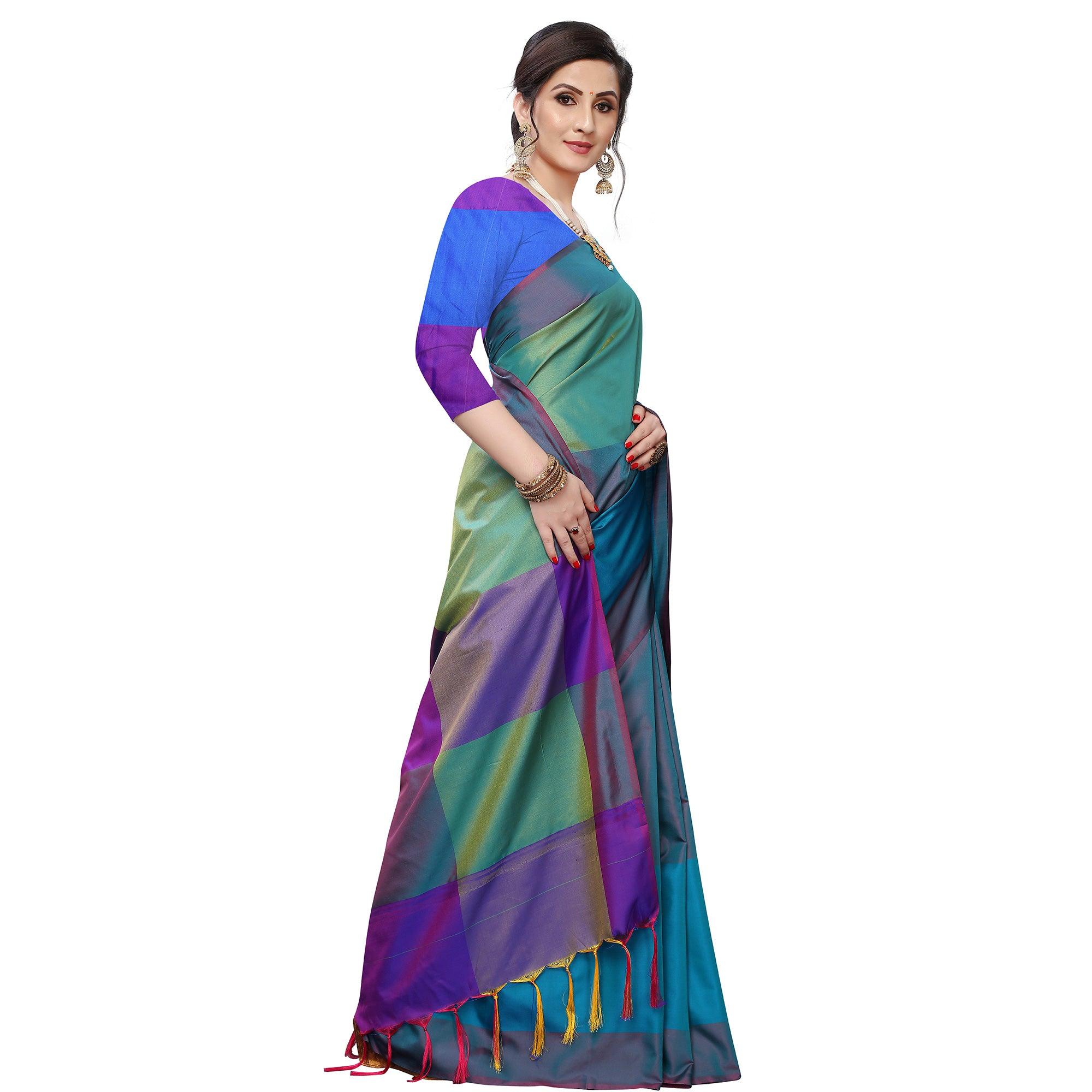 Impressive Rama Green Colored Festive Wear Woven Sana Silk Saree - Peachmode