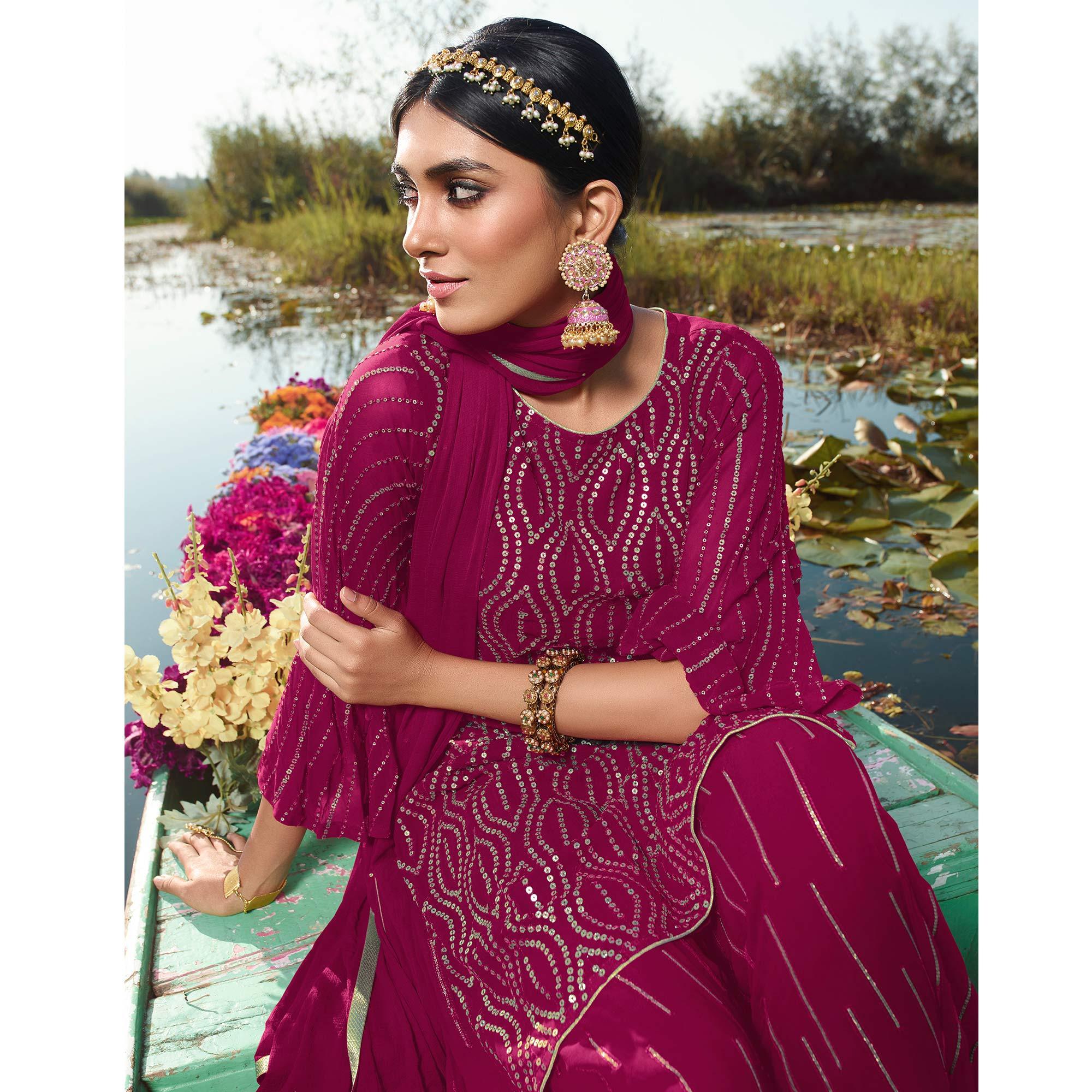 Impressive Rani Pink Colored Embroidered Partywear Heavy Georgette Suit - Peachmode