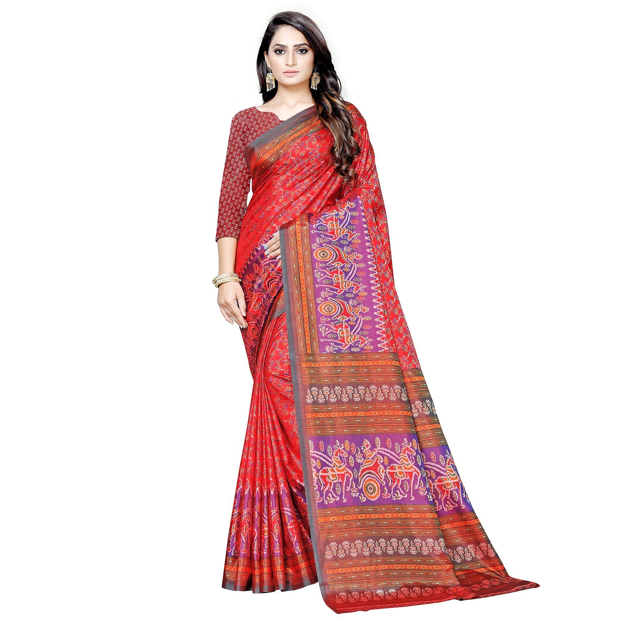 Impressive Red Colored Casual Printed Art Silk Saree - Peachmode