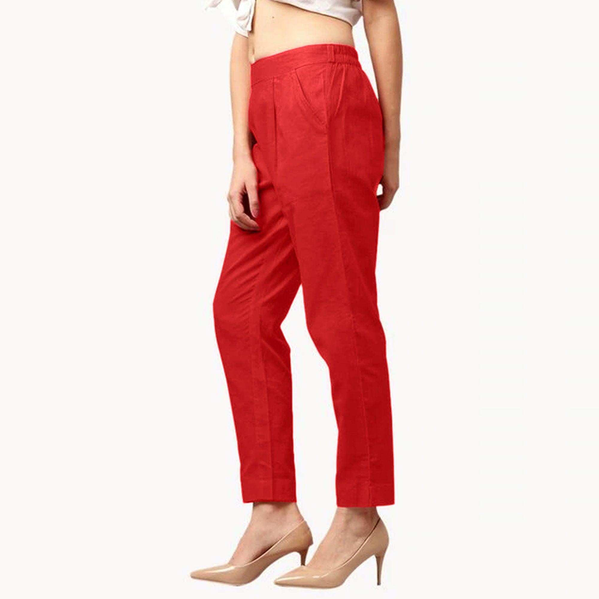 Impressive Red Colored Casual Wear Cotton Pant - Peachmode