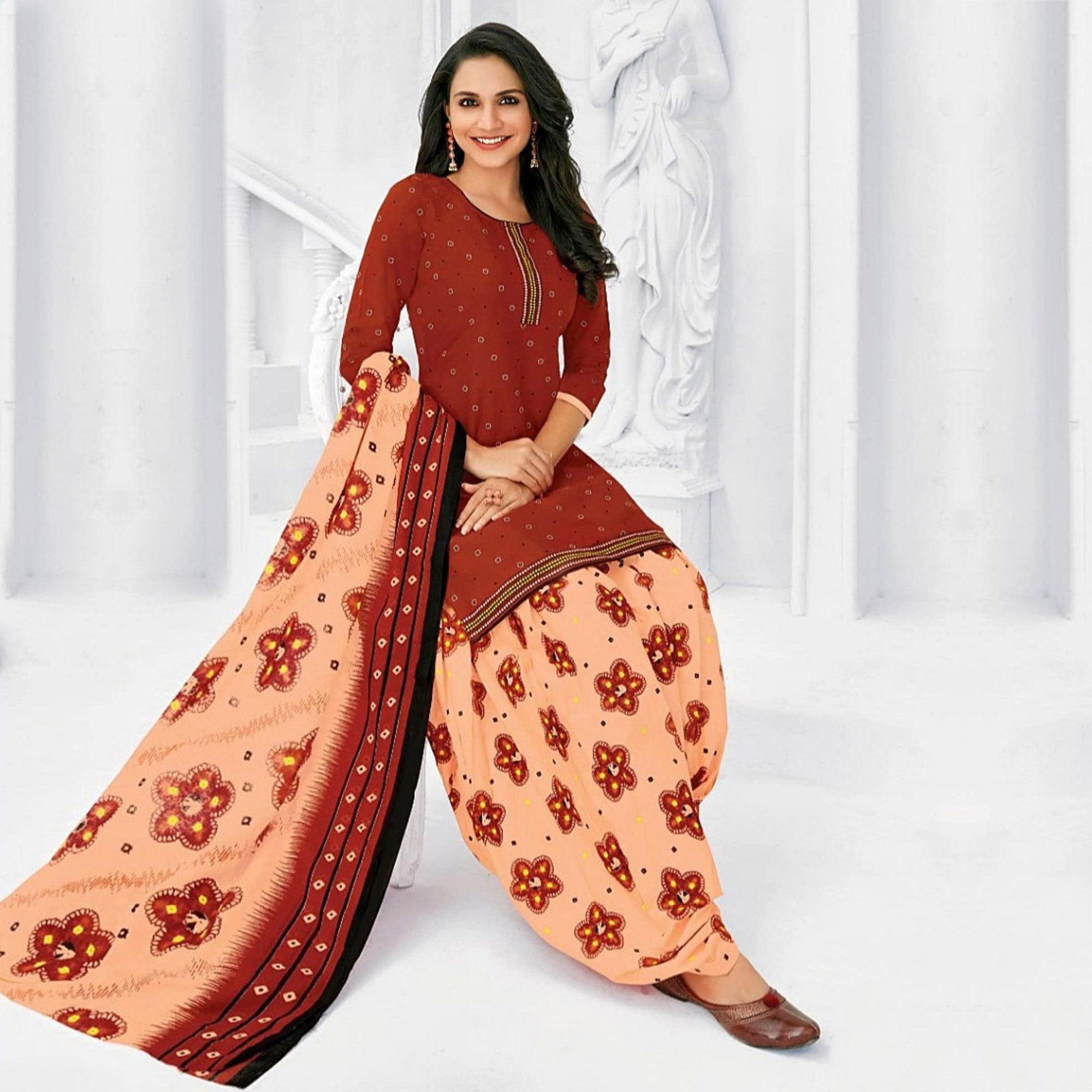 Impressive Red Colored Casual Wear Printed Cotton Stitched Patiala Suit - Peachmode