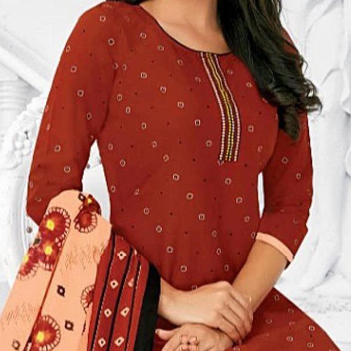 Impressive Red Colored Casual Wear Printed Cotton Stitched Patiala Suit - Peachmode