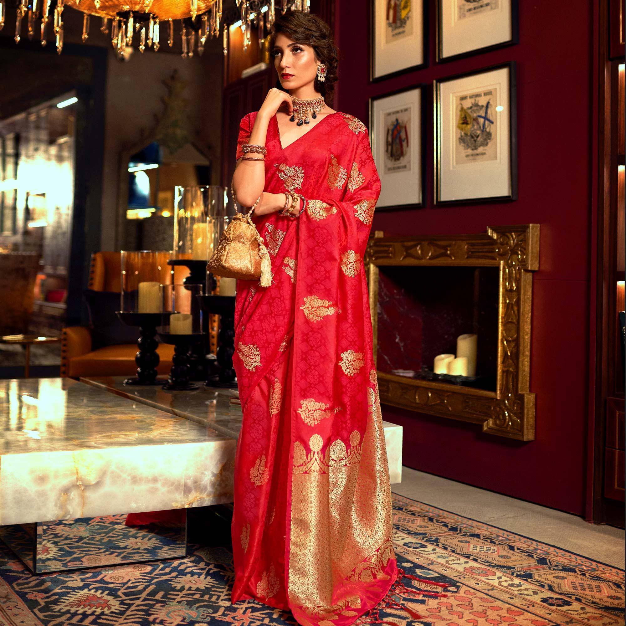 Impressive Red Colored Festive Wear Weaving Pure Satin Saree - Peachmode