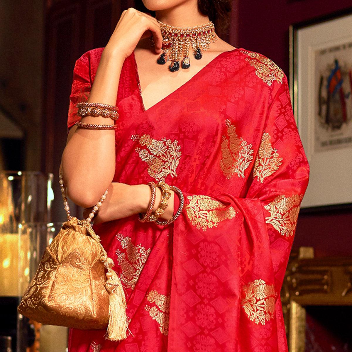 Impressive Red Colored Festive Wear Weaving Pure Satin Saree - Peachmode