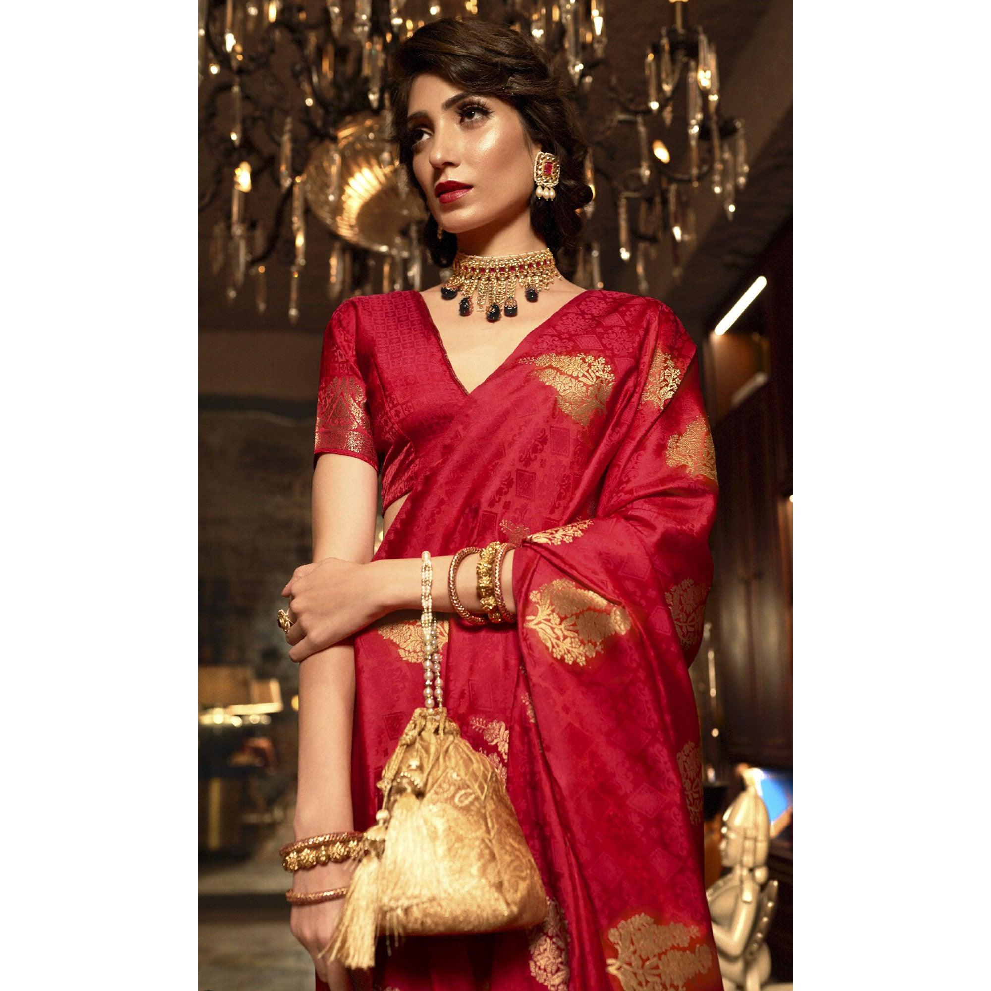 Impressive Red Colored Festive Wear Weaving Pure Satin Saree - Peachmode