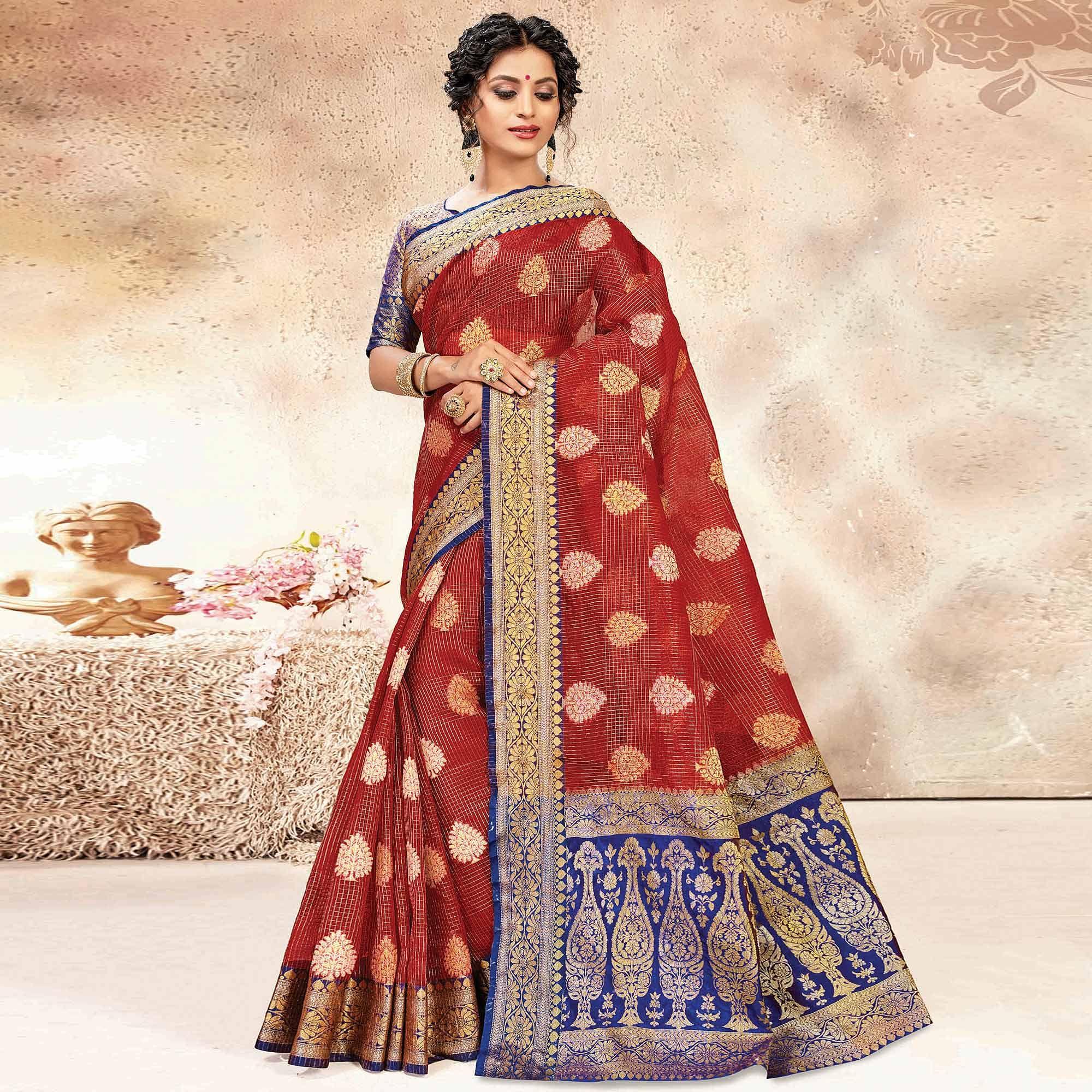 Impressive Red Colored Festive Wear Woven Banarasi Kota Silk Saree - Peachmode