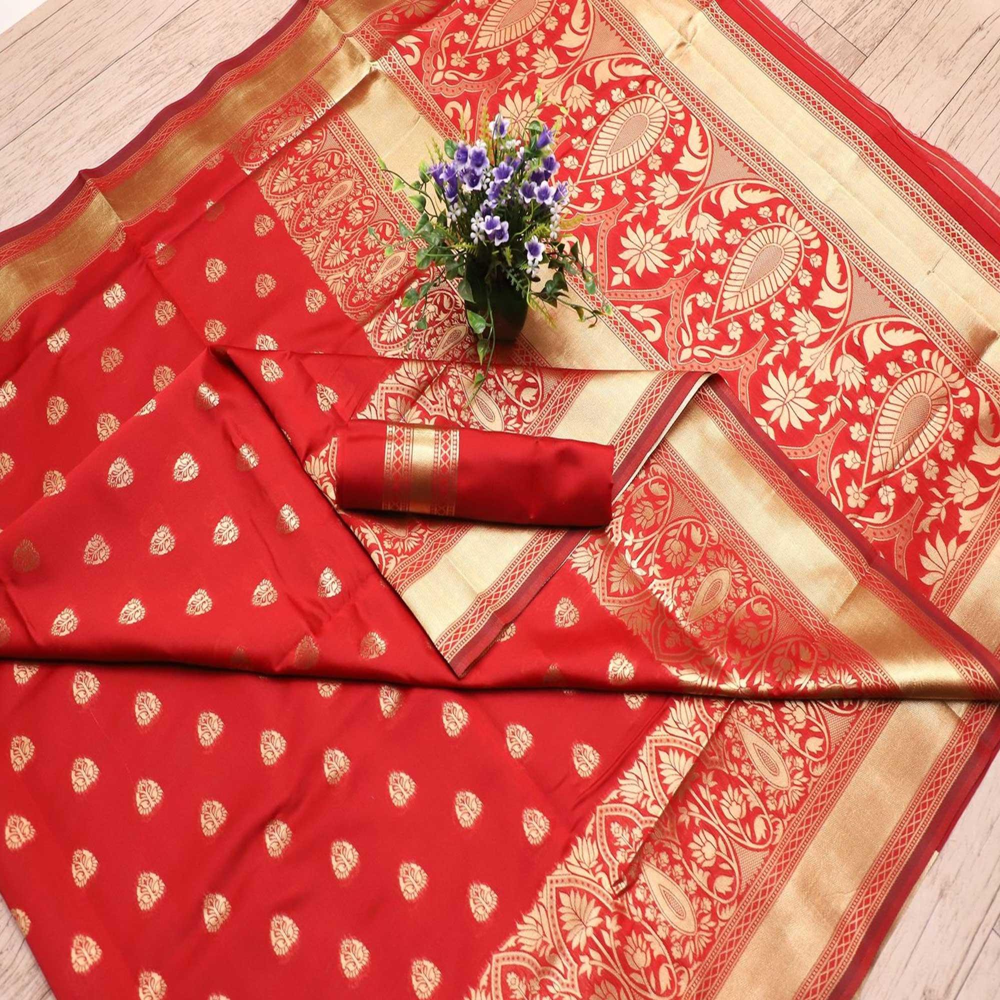 Impressive Red Colored Festive Wear Woven Banarasi Silk Saree - Peachmode