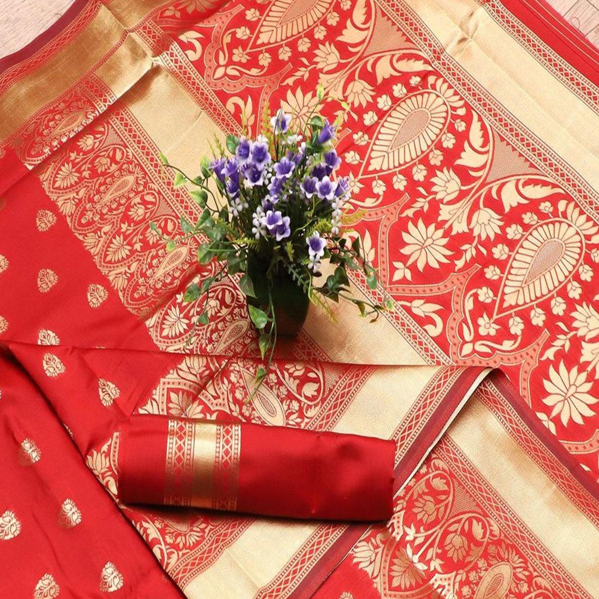 Impressive Red Colored Festive Wear Woven Banarasi Silk Saree - Peachmode