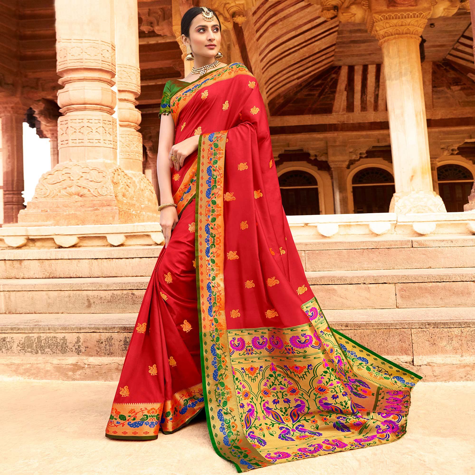 Impressive Red Colored Festive Wear Woven Paithani Silk Saree - Peachmode