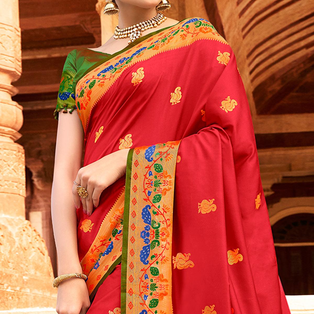 Impressive Red Colored Festive Wear Woven Paithani Silk Saree - Peachmode