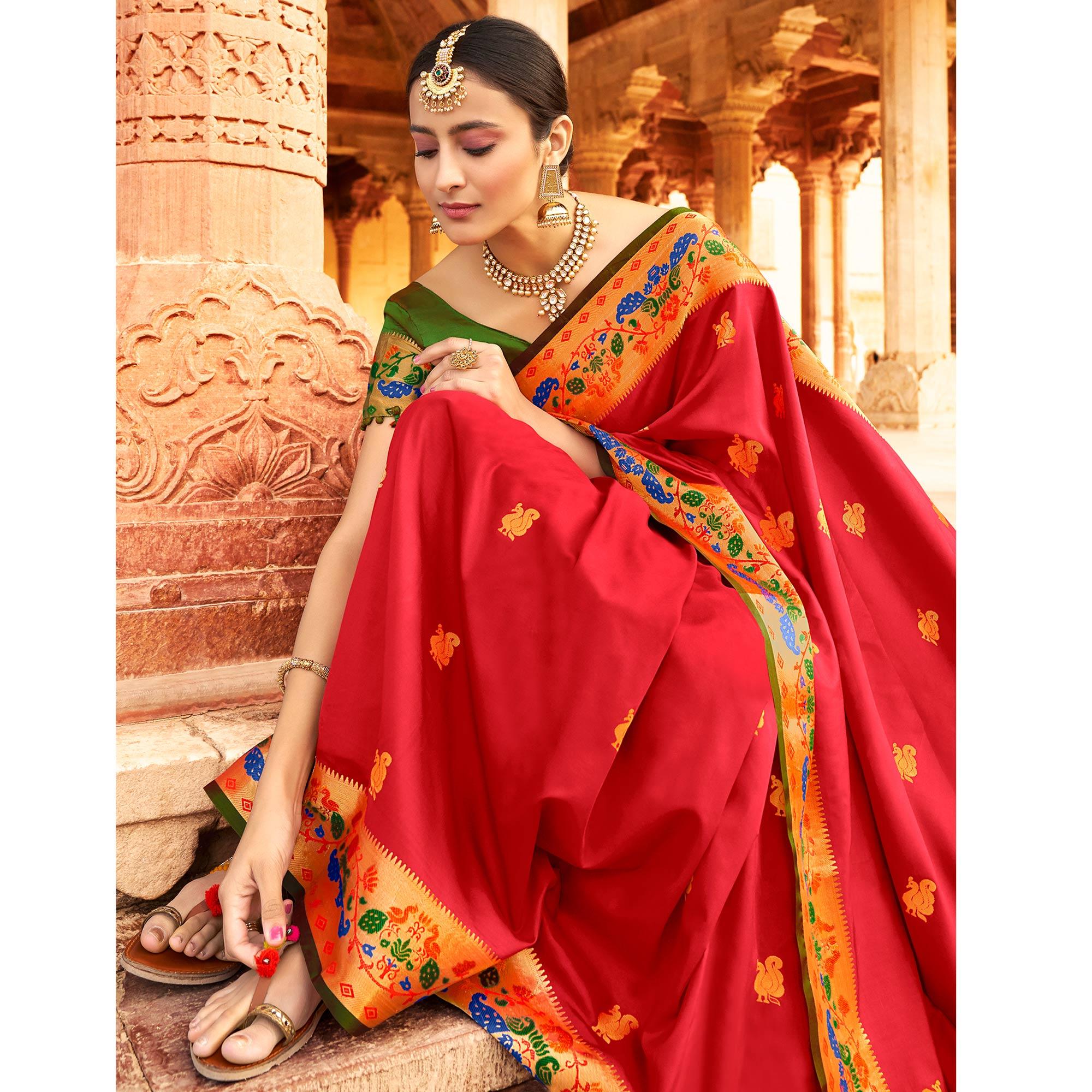 Impressive Red Colored Festive Wear Woven Paithani Silk Saree - Peachmode