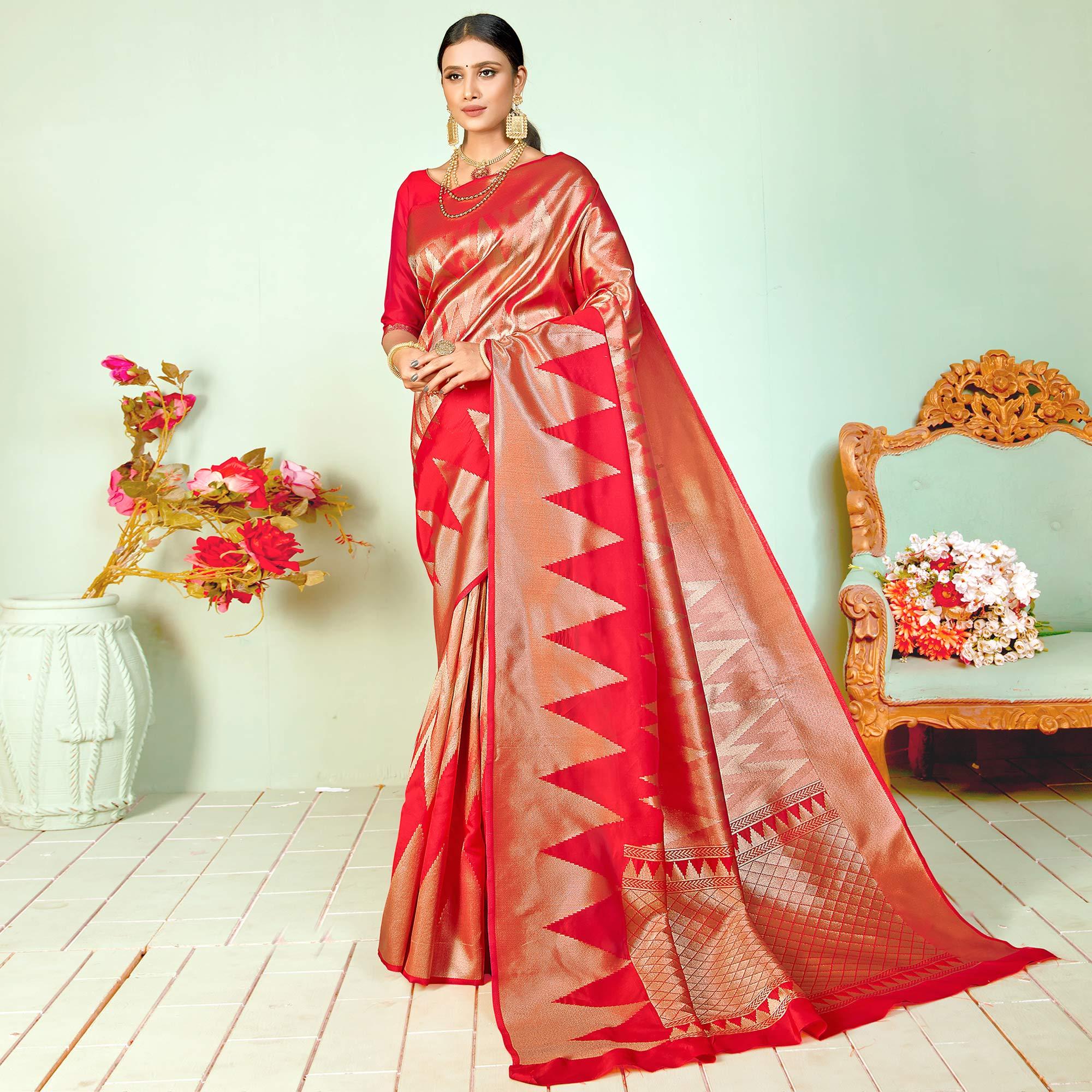 Impressive Red Colored Festive Wear Woven Silk Saree - Peachmode