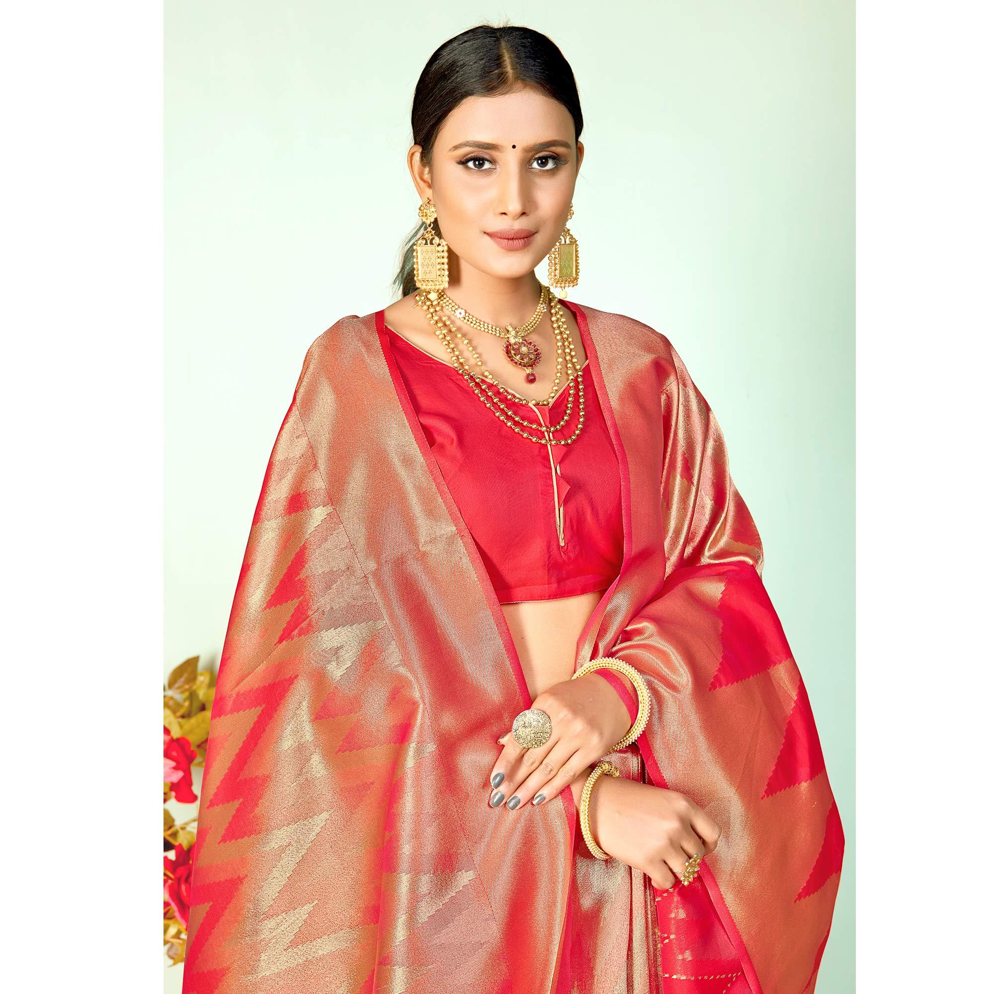 Impressive Red Colored Festive Wear Woven Silk Saree - Peachmode