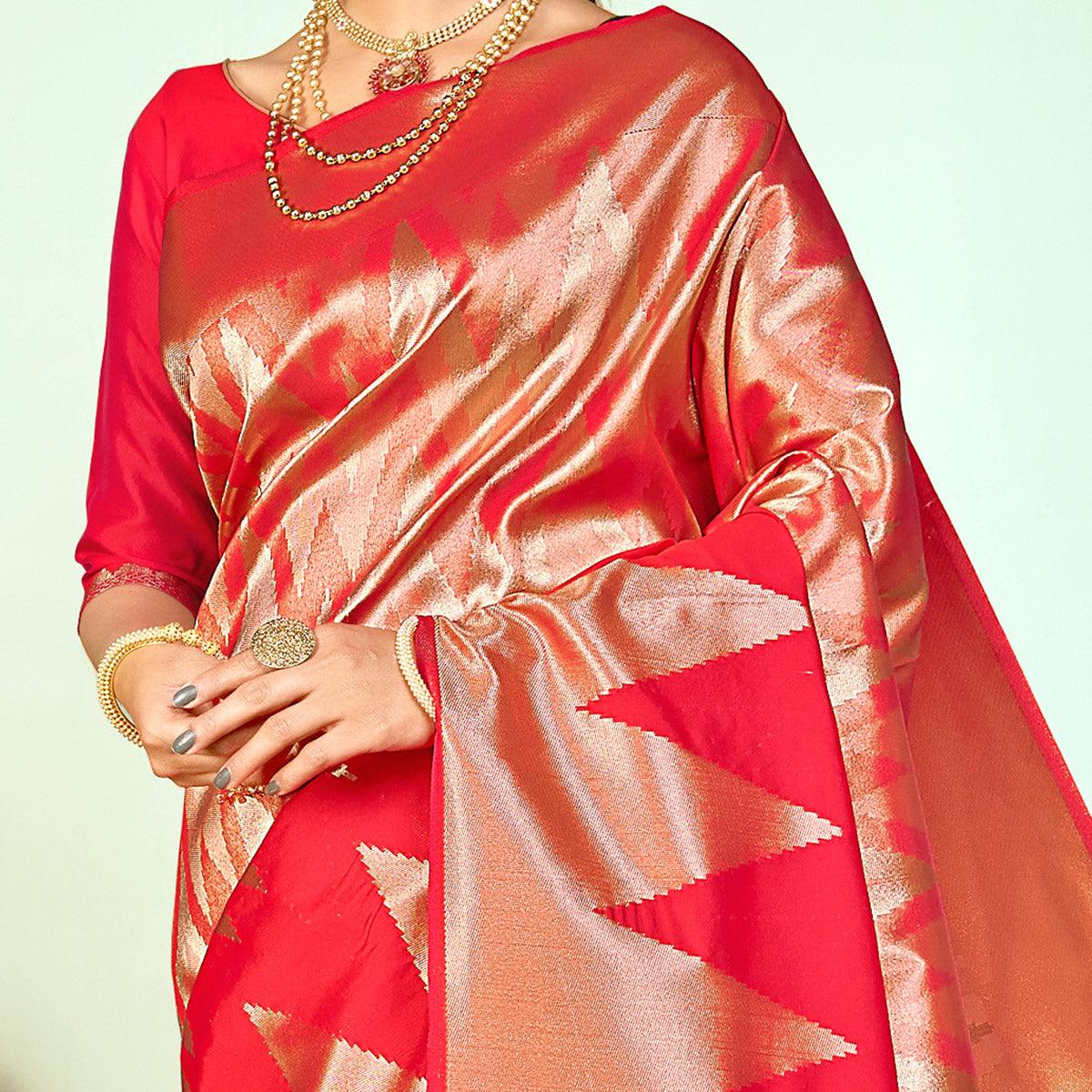 Impressive Red Colored Festive Wear Woven Silk Saree - Peachmode