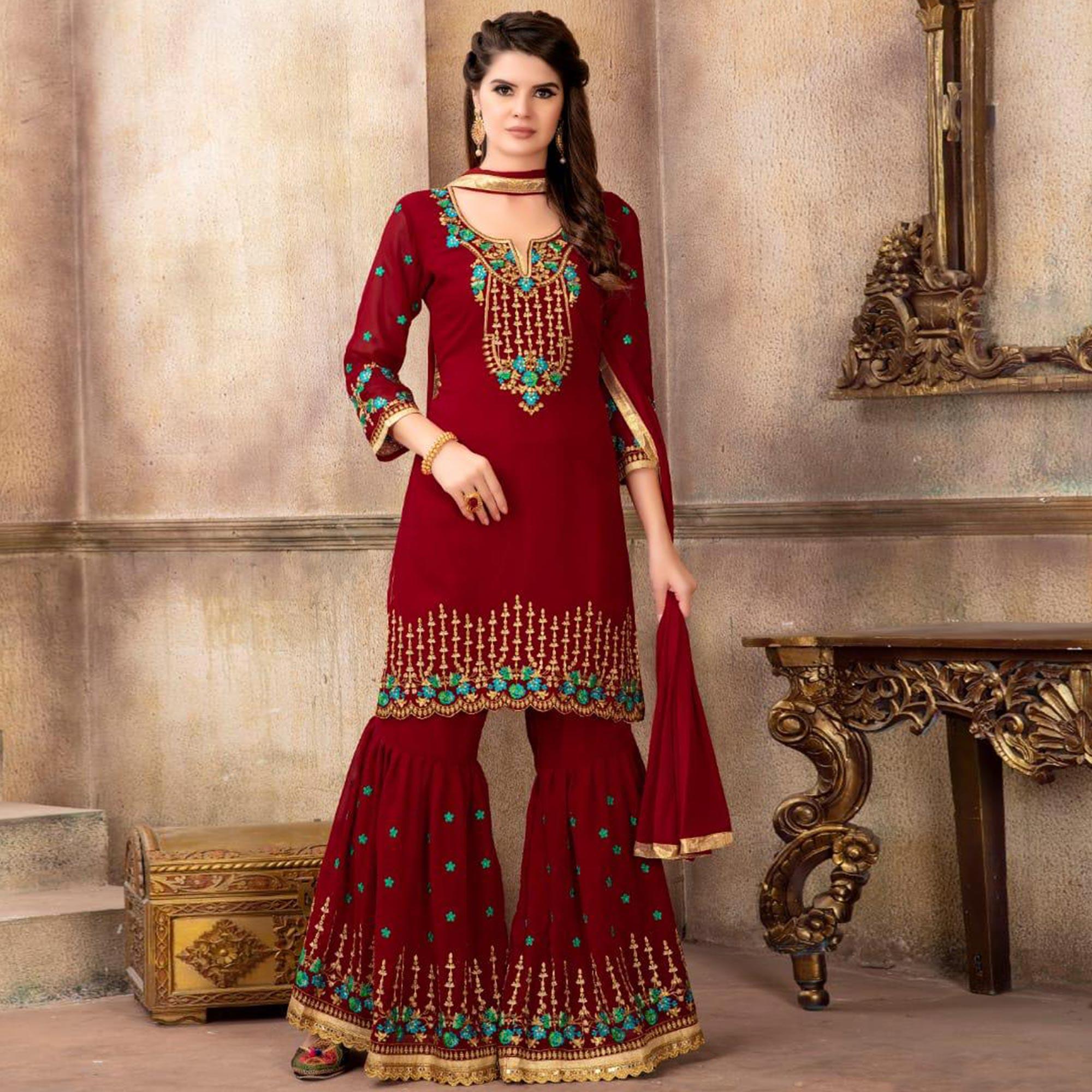 Impressive Red Colored Party Wear Embroidered Faux Georgette Palazzo Suit - Peachmode