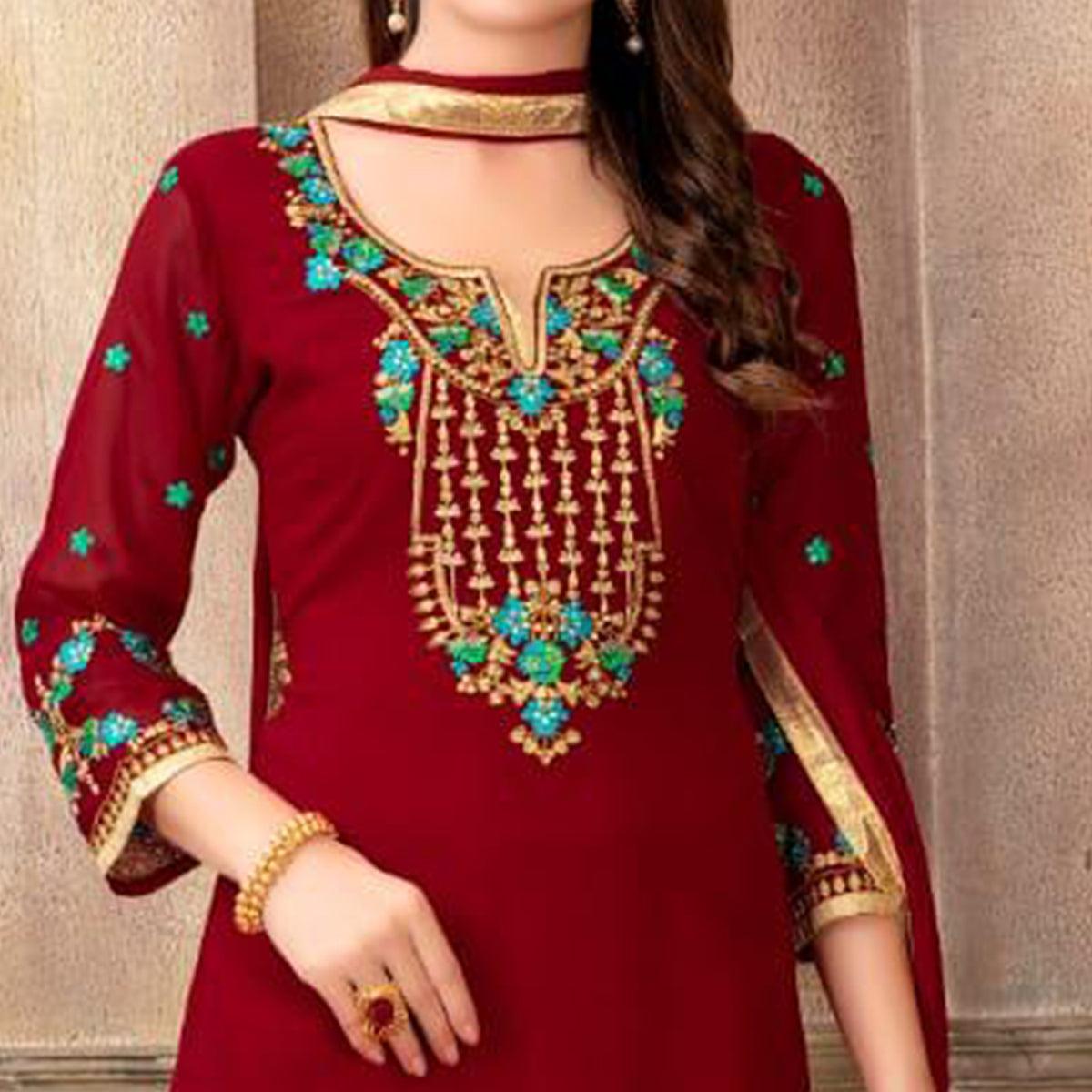 Impressive Red Colored Party Wear Embroidered Faux Georgette Palazzo Suit - Peachmode