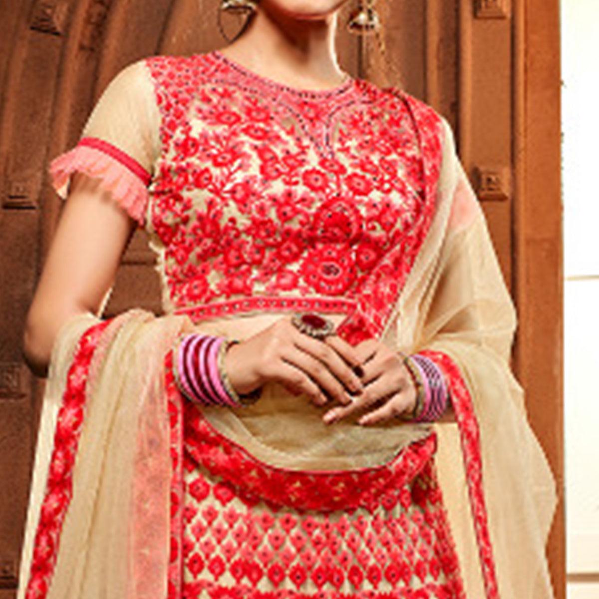 Impressive Red Colored Wedding Wear Heavy Embroidered Heavy Net Lehenga - Peachmode