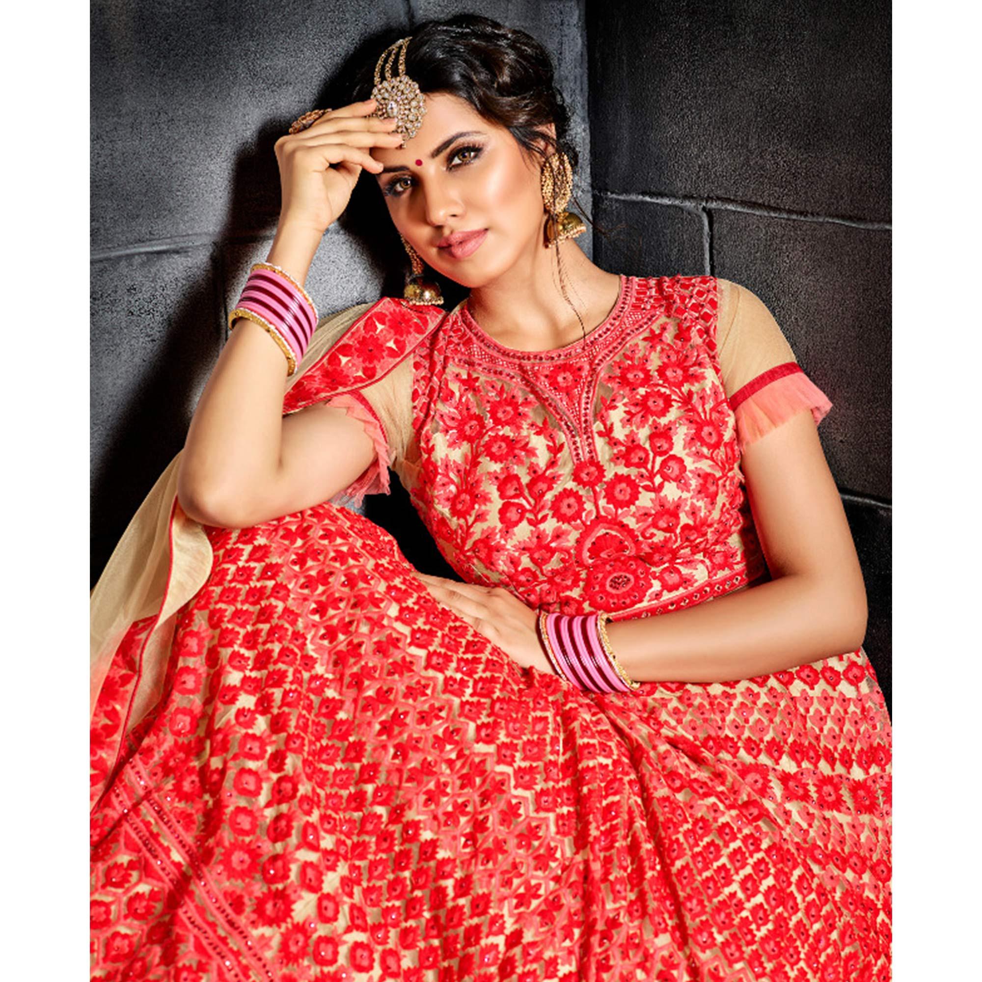 Impressive Red Colored Wedding Wear Heavy Embroidered Heavy Net Lehenga - Peachmode