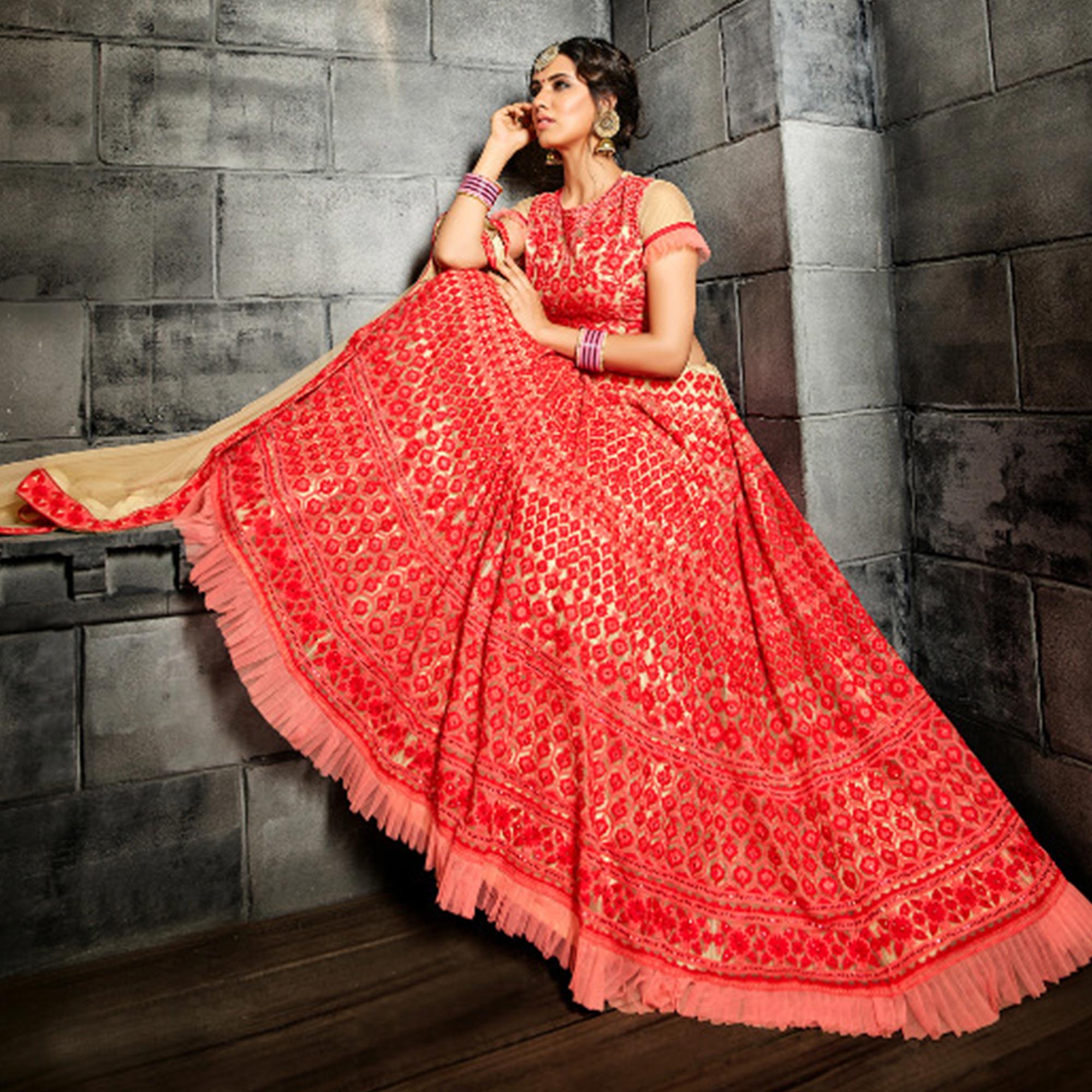 Impressive Red Colored Wedding Wear Heavy Embroidered Heavy Net Lehenga - Peachmode