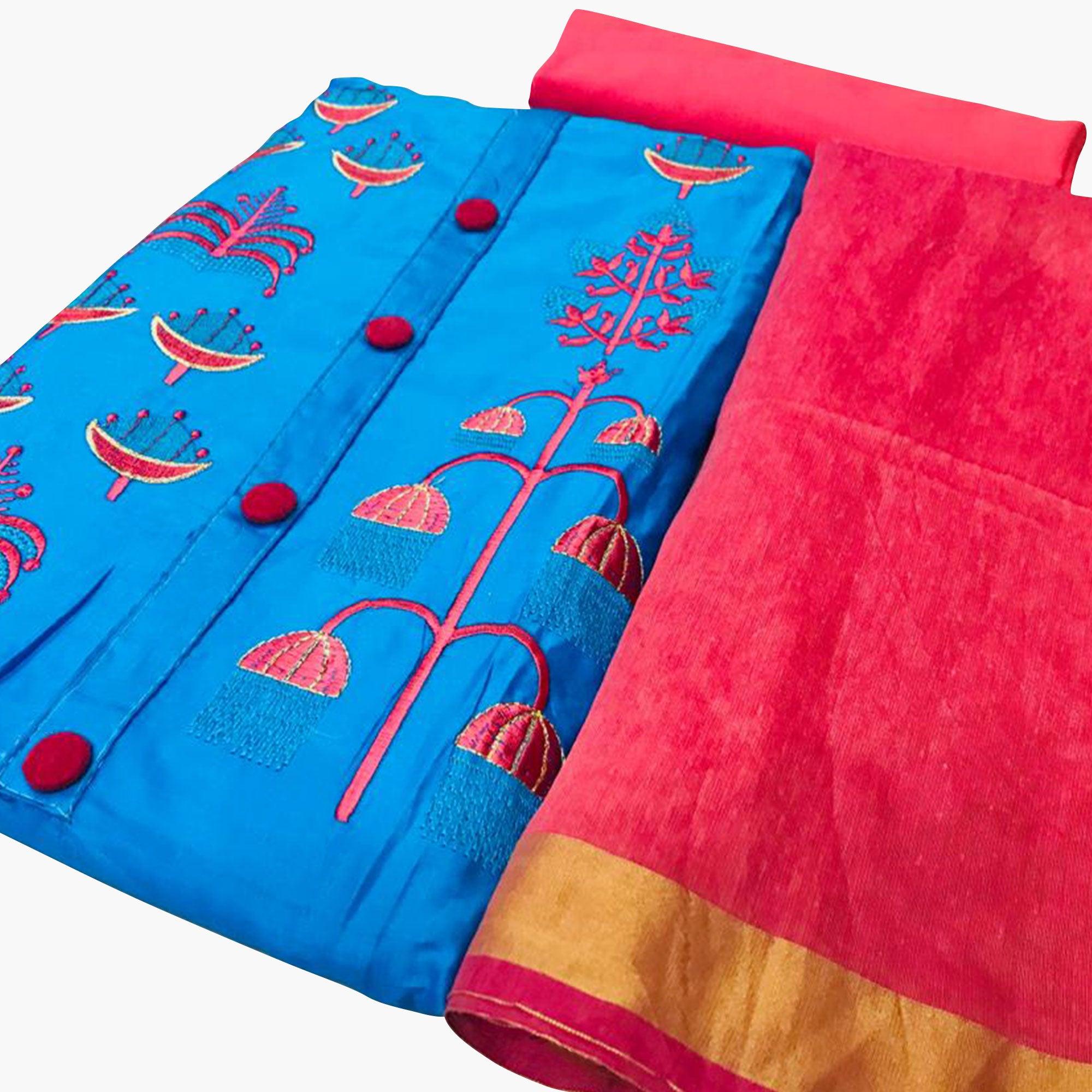 Impressive Sky Blue Colored Casual Wear Embroidered Cotton Dress Material - Peachmode