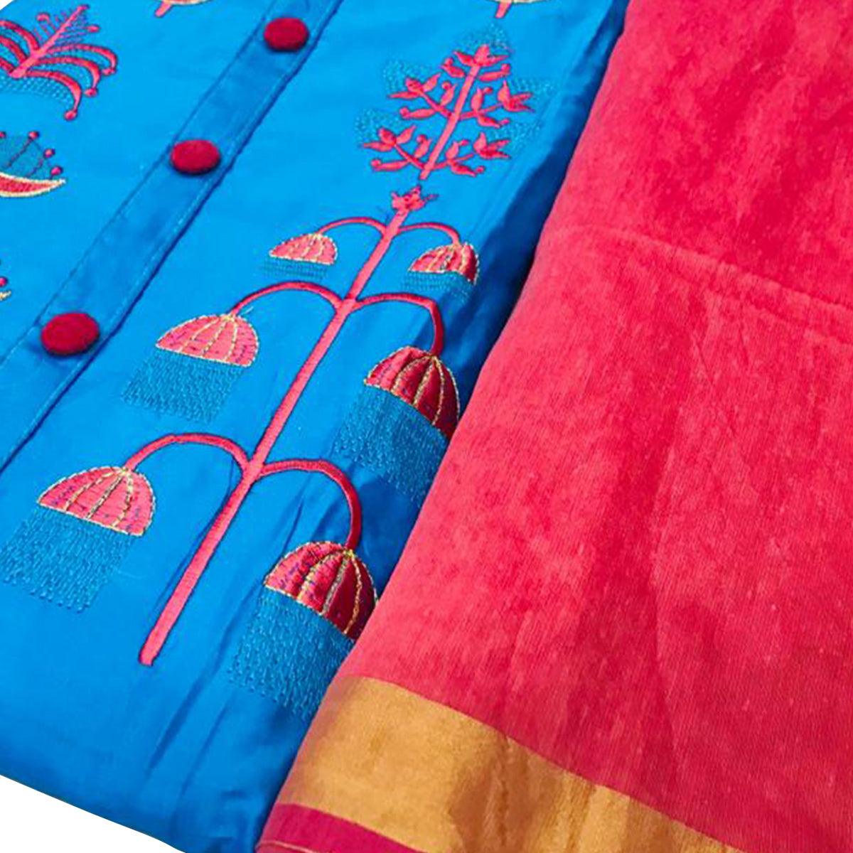 Impressive Sky Blue Colored Casual Wear Embroidered Cotton Dress Material - Peachmode