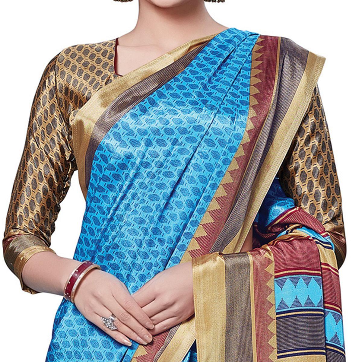 Impressive Sky Blue Colored Casual Wear Printed Crepe Saree - Peachmode