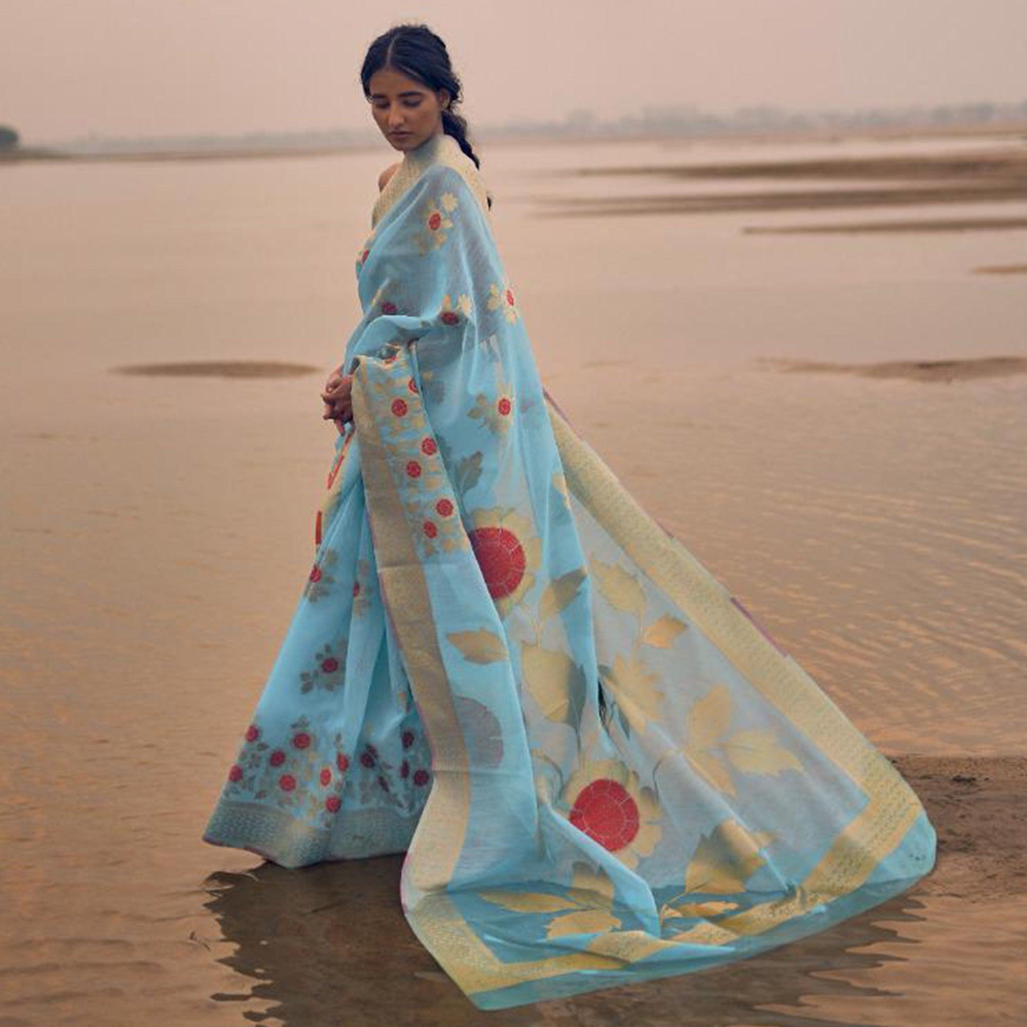 Impressive Sky Blue Colored Festive Wear Woven Pure Linen Silk Saree - Peachmode