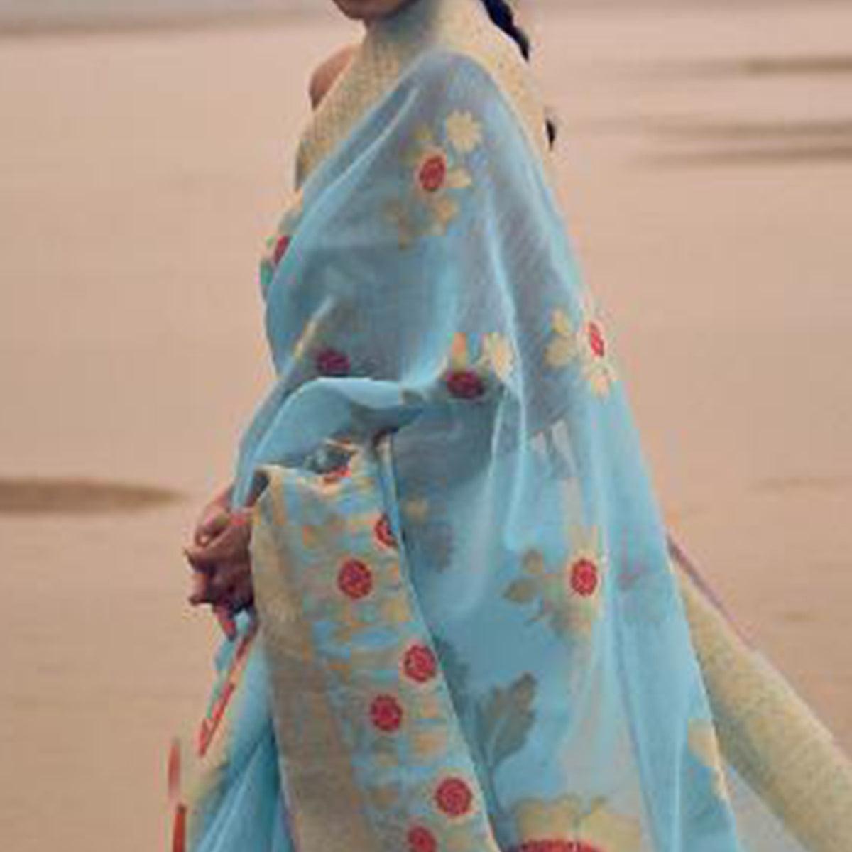 Impressive Sky Blue Colored Festive Wear Woven Pure Linen Silk Saree - Peachmode
