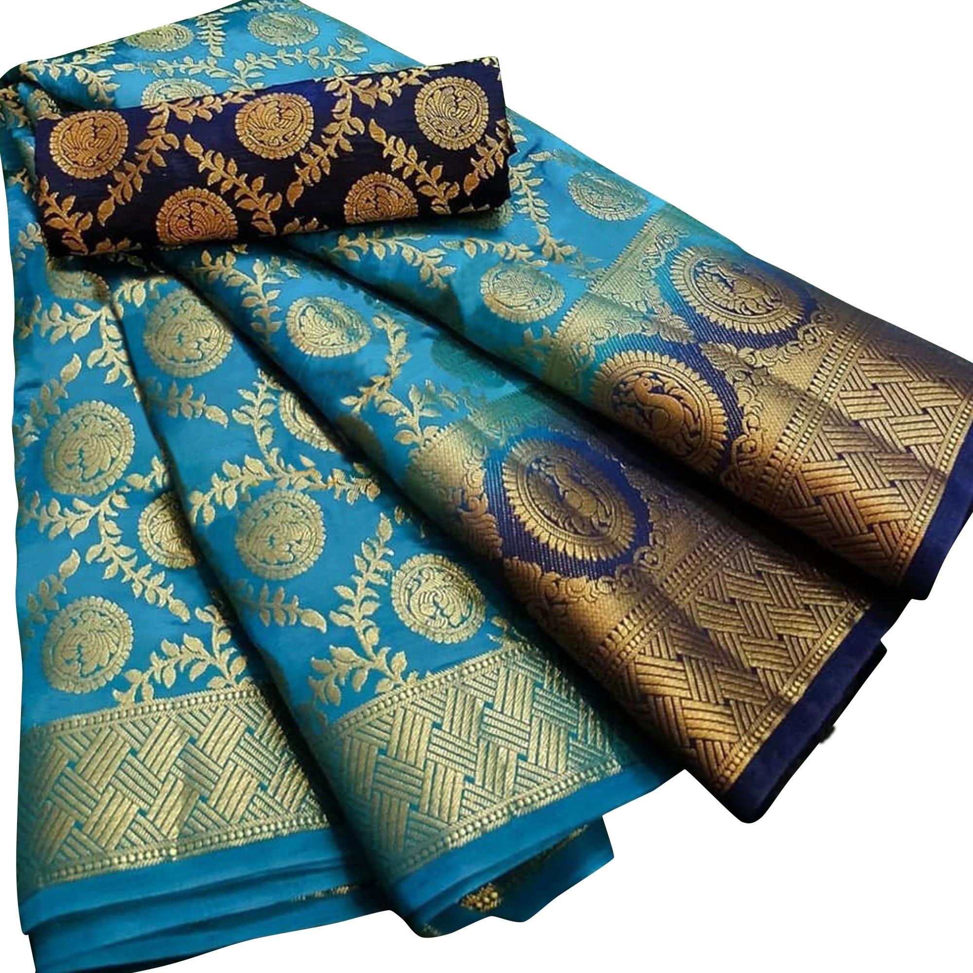 Impressive Sky Blue Colored Festive Wear Woven Silk Blend Saree - Peachmode