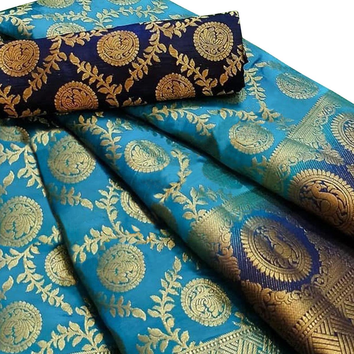 Impressive Sky Blue Colored Festive Wear Woven Silk Blend Saree - Peachmode