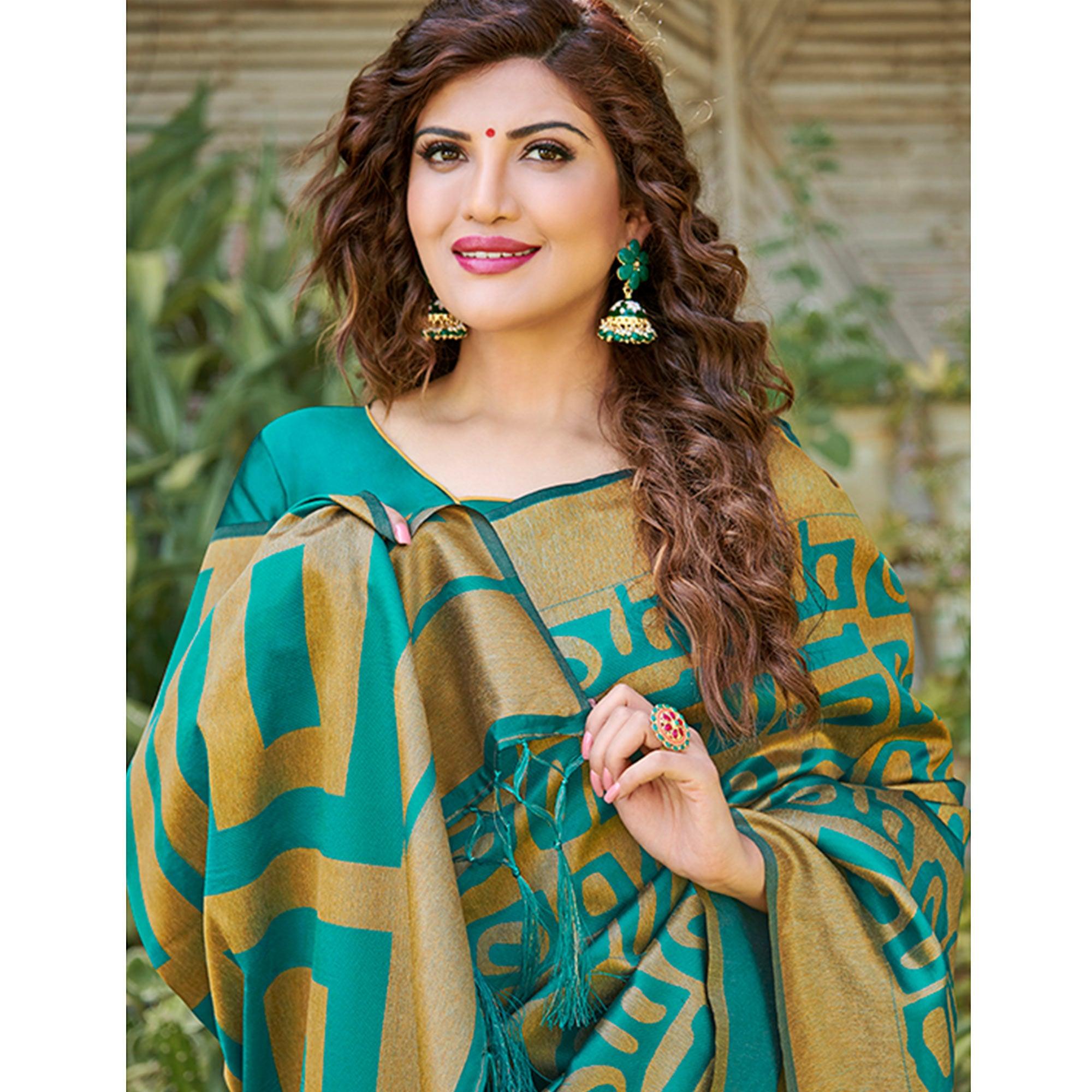 Impressive Teal Blue Colored Festive Wear Floral Woven Silk Blend Saree With Tassels - Peachmode