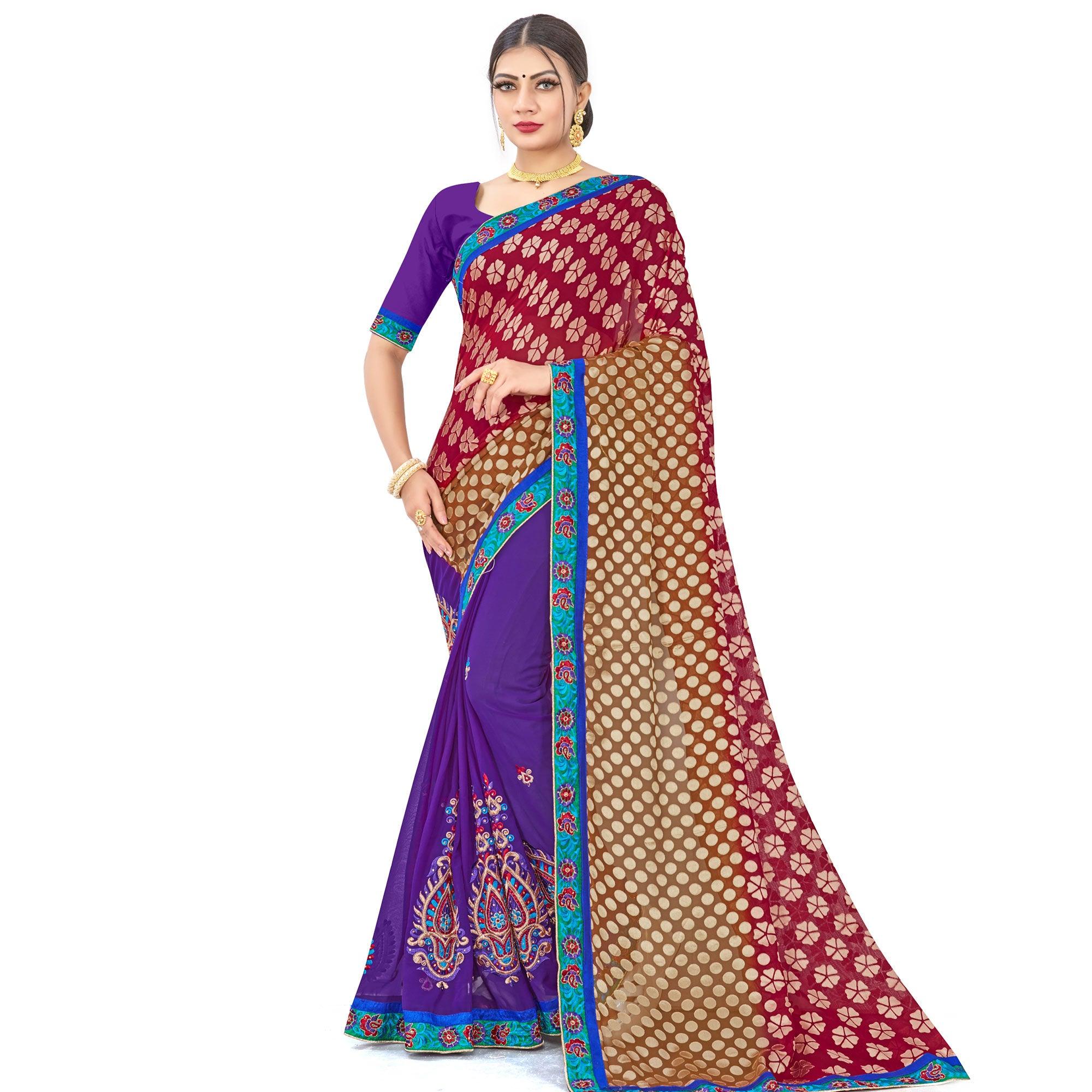 Impressive Violet-Maroon Colored Party Wear Embroidered Georgette Half-Half Saree - Peachmode