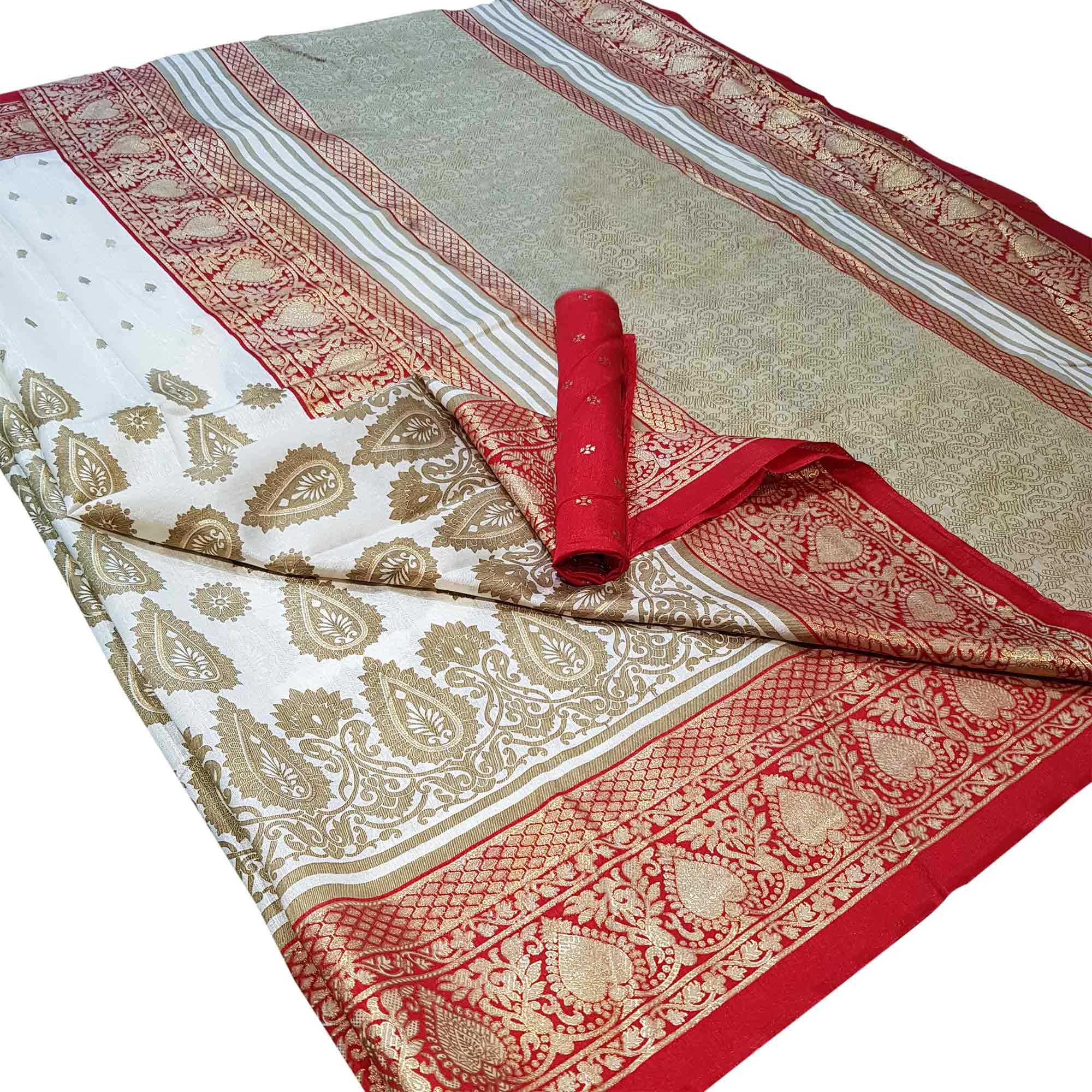 Impressive White Colored Festive Wear Foil Printed Silk Saree - Peachmode