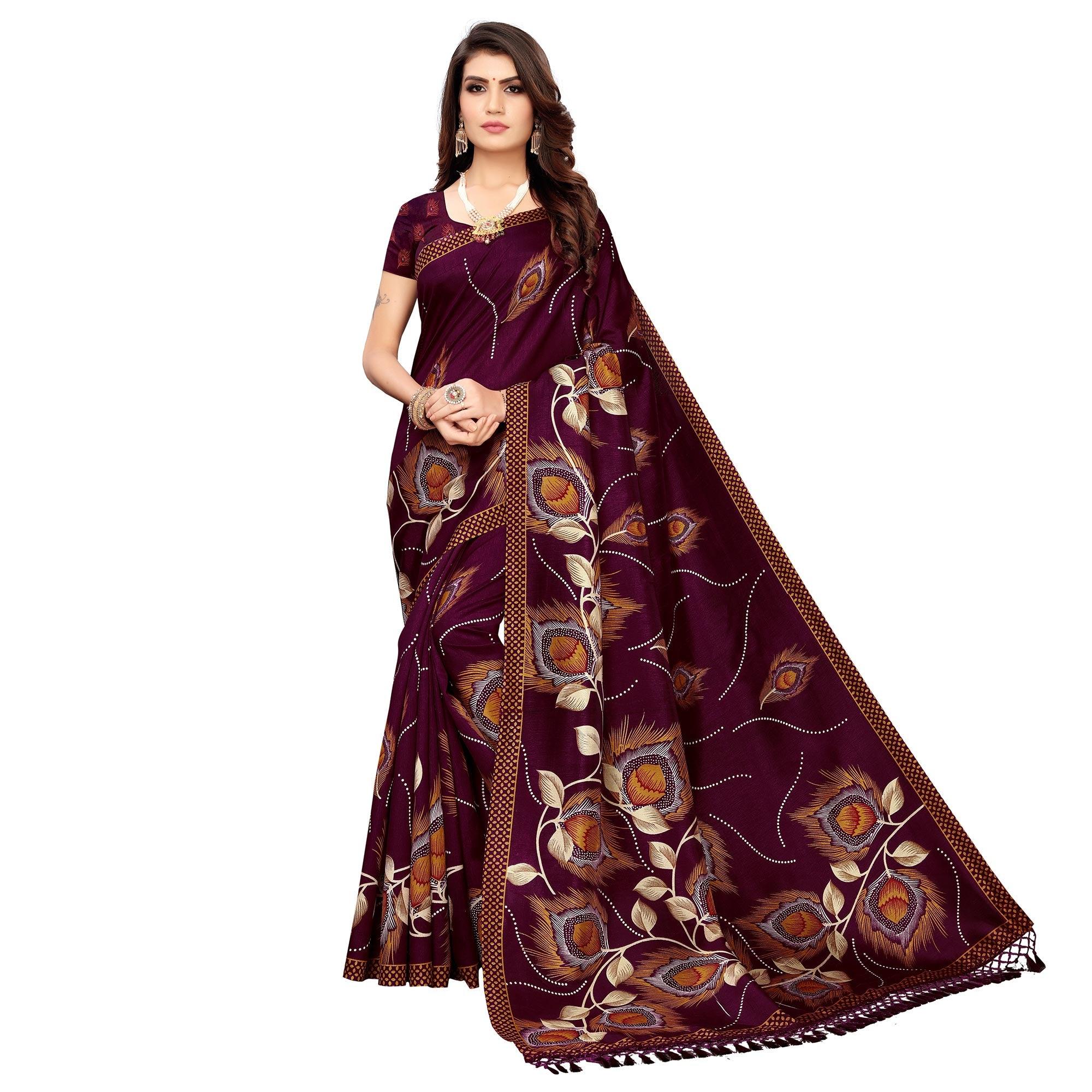 Impressive Wine Colored Festive Wear Printed Art Silk Saree - Peachmode