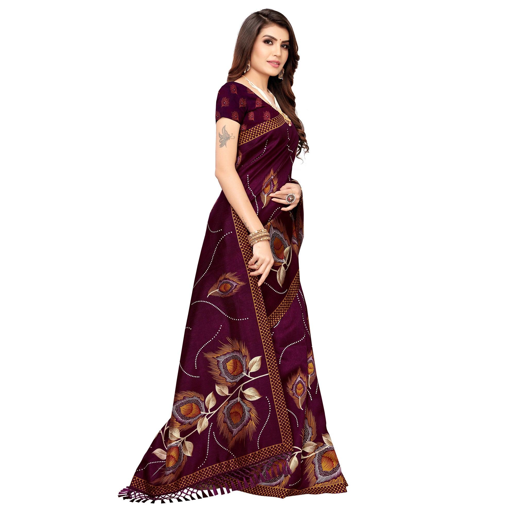 Impressive Wine Colored Festive Wear Printed Art Silk Saree - Peachmode