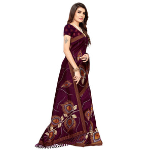 Impressive Wine Colored Festive Wear Printed Art Silk Saree - Peachmode