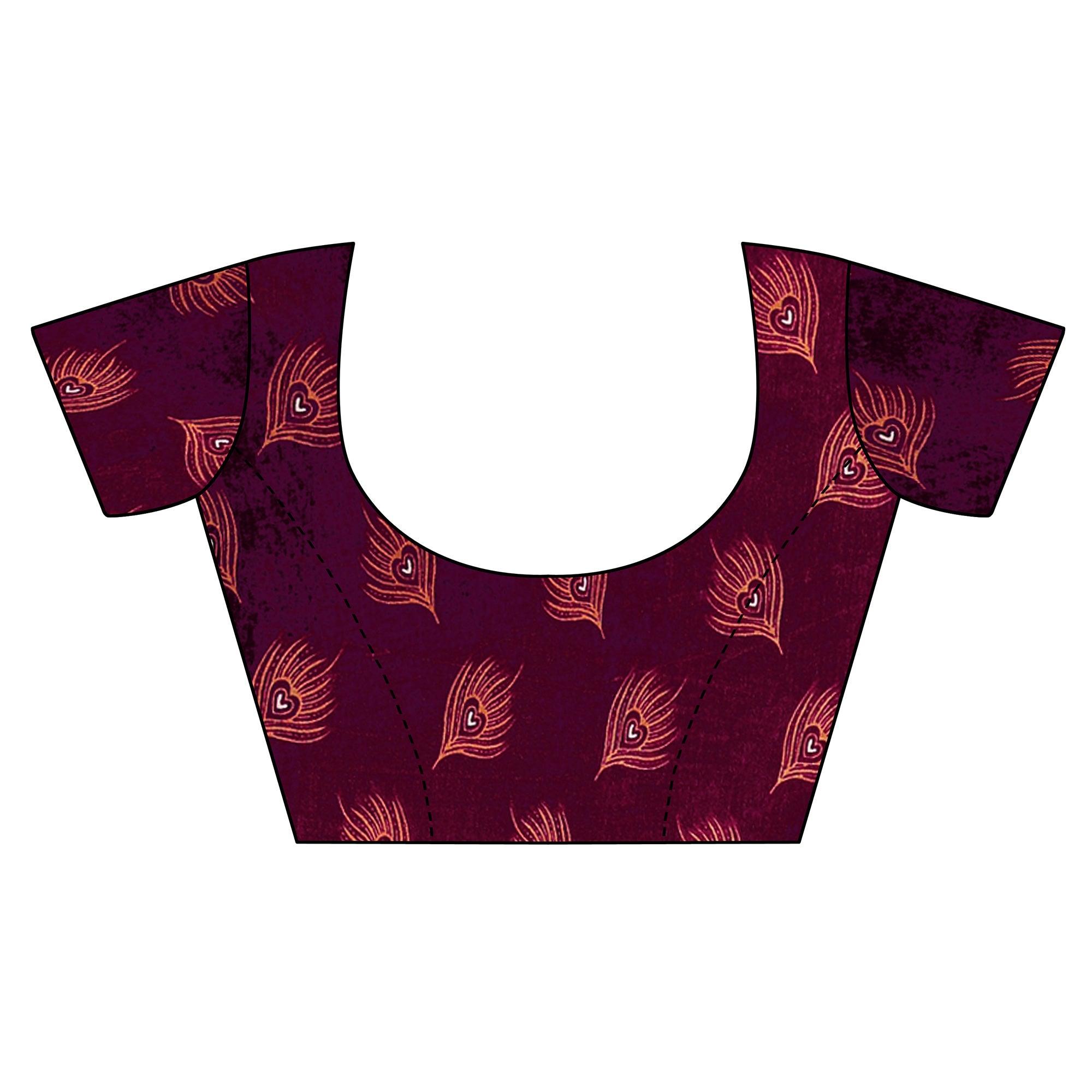 Impressive Wine Colored Festive Wear Printed Art Silk Saree - Peachmode