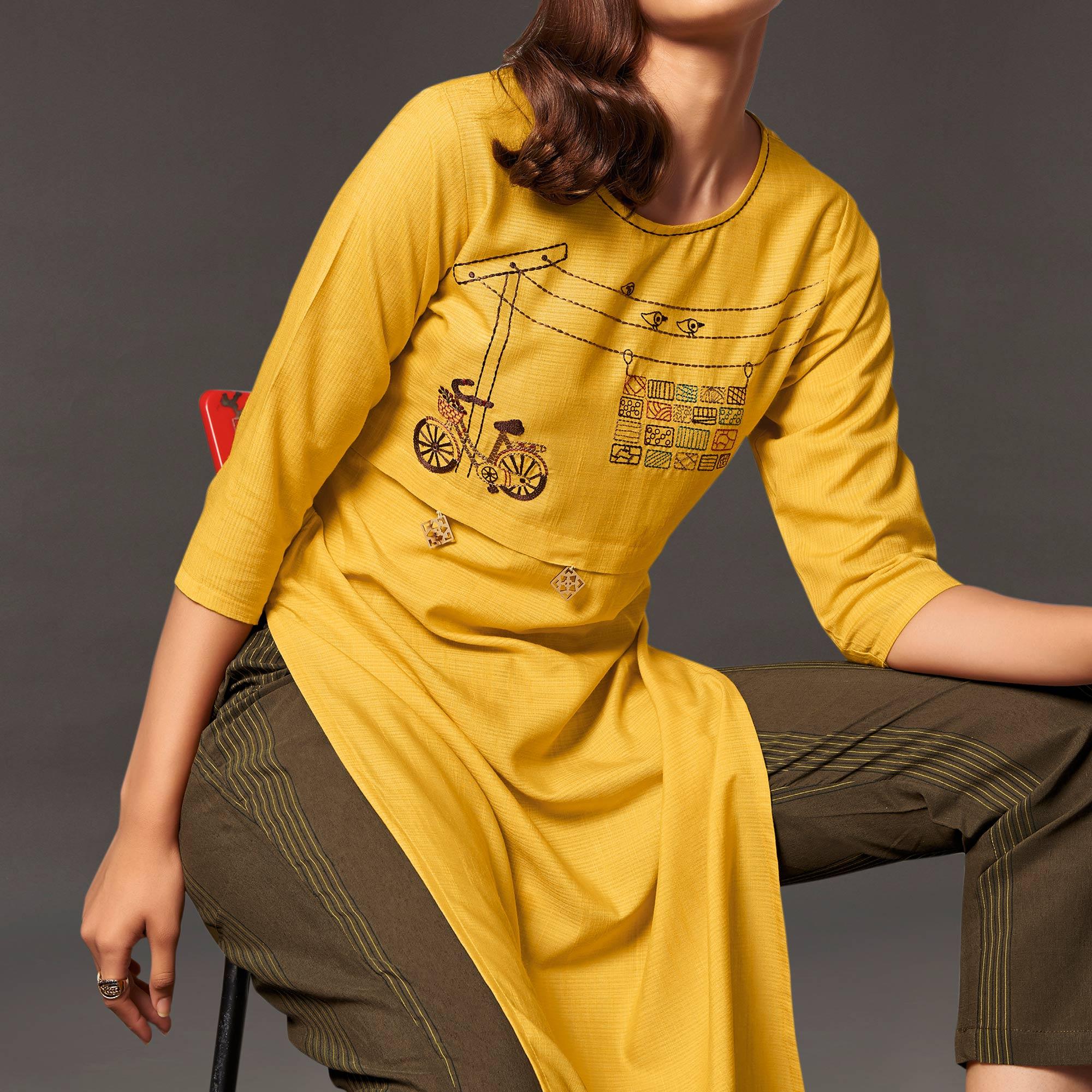 Impressive Yellow Colored Casual Wear Cotton Kurti With Bottom - Peachmode
