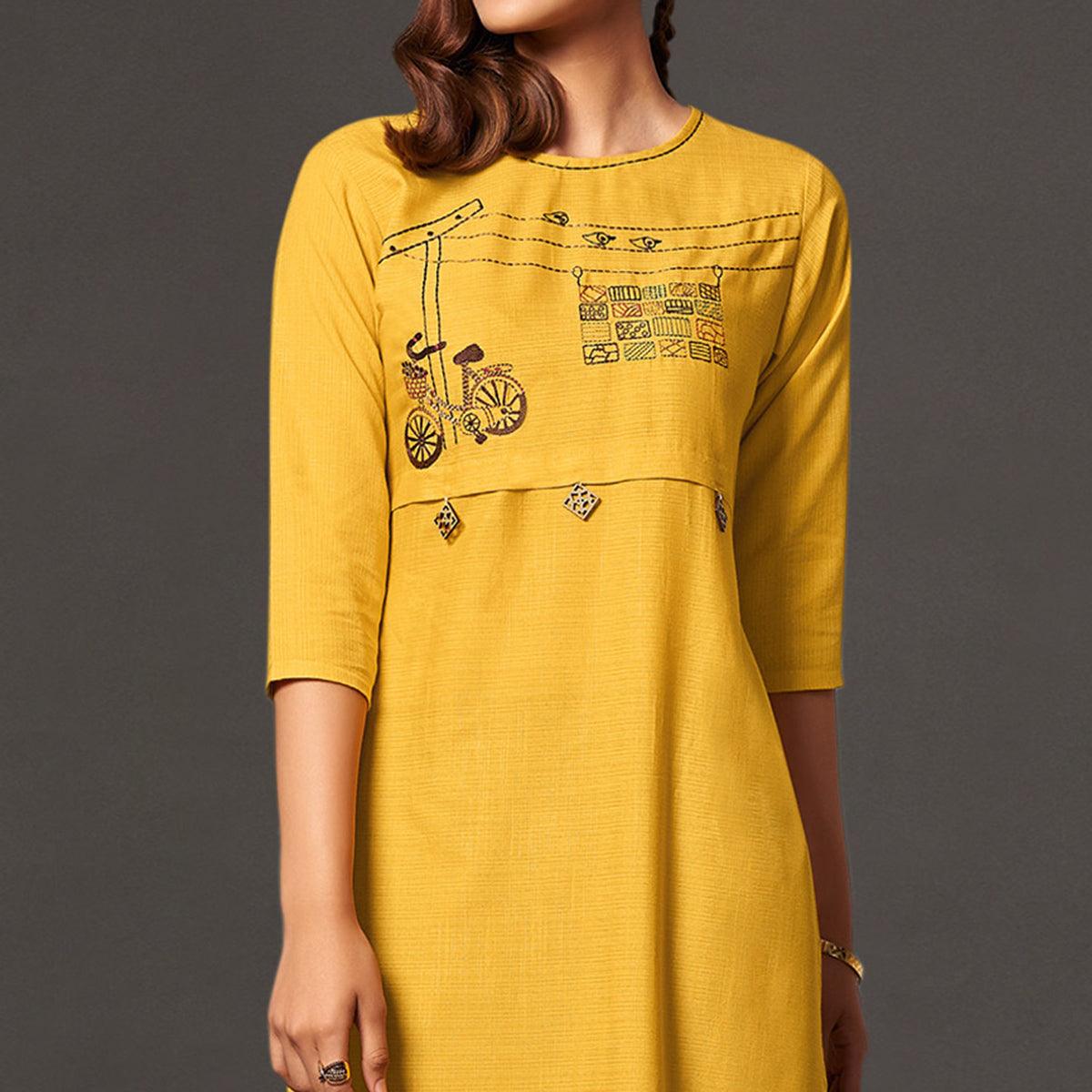 Impressive Yellow Colored Casual Wear Cotton Kurti With Bottom - Peachmode