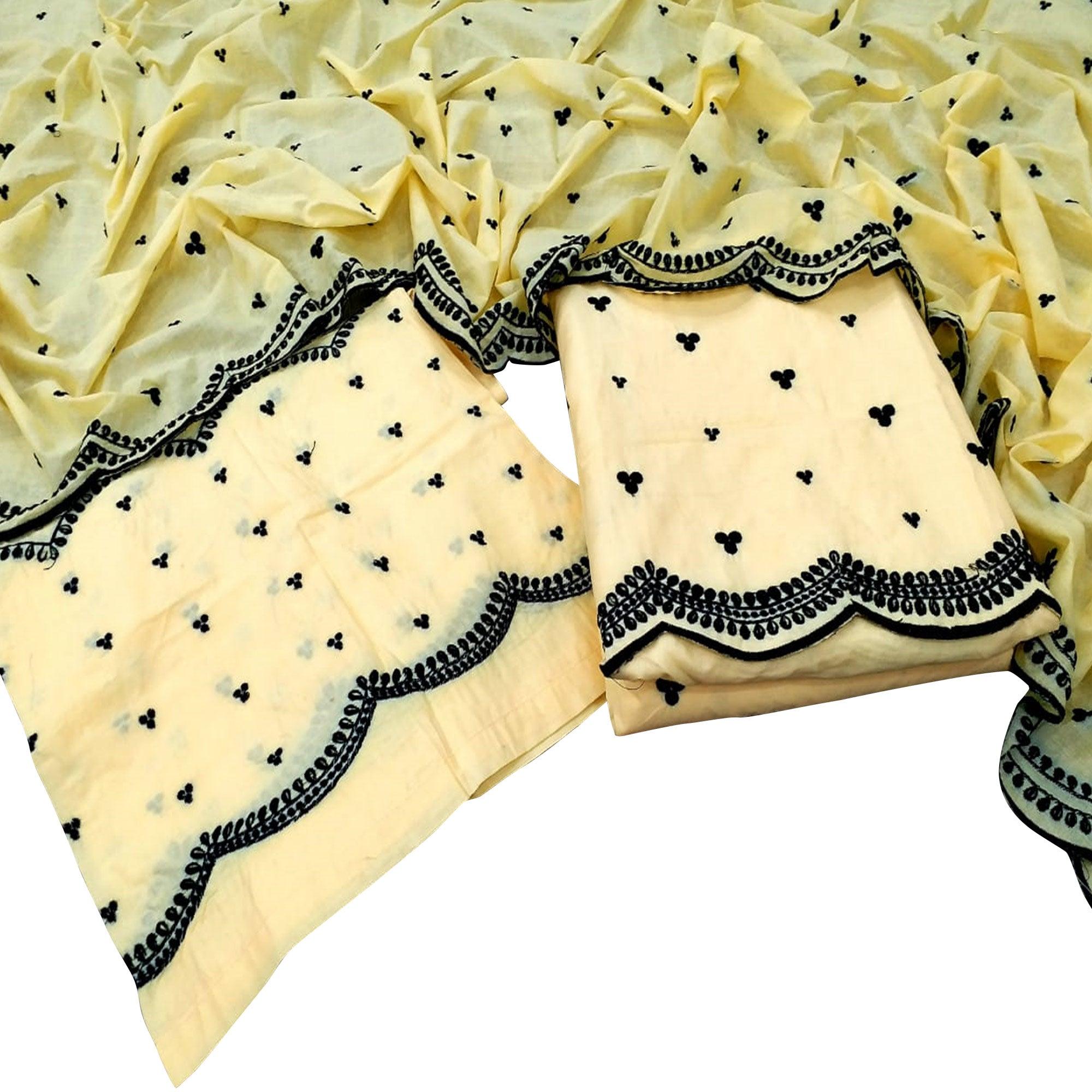 Impressive Yellow Colored Casual Wear Embroidered Cotton Dress Material - Peachmode