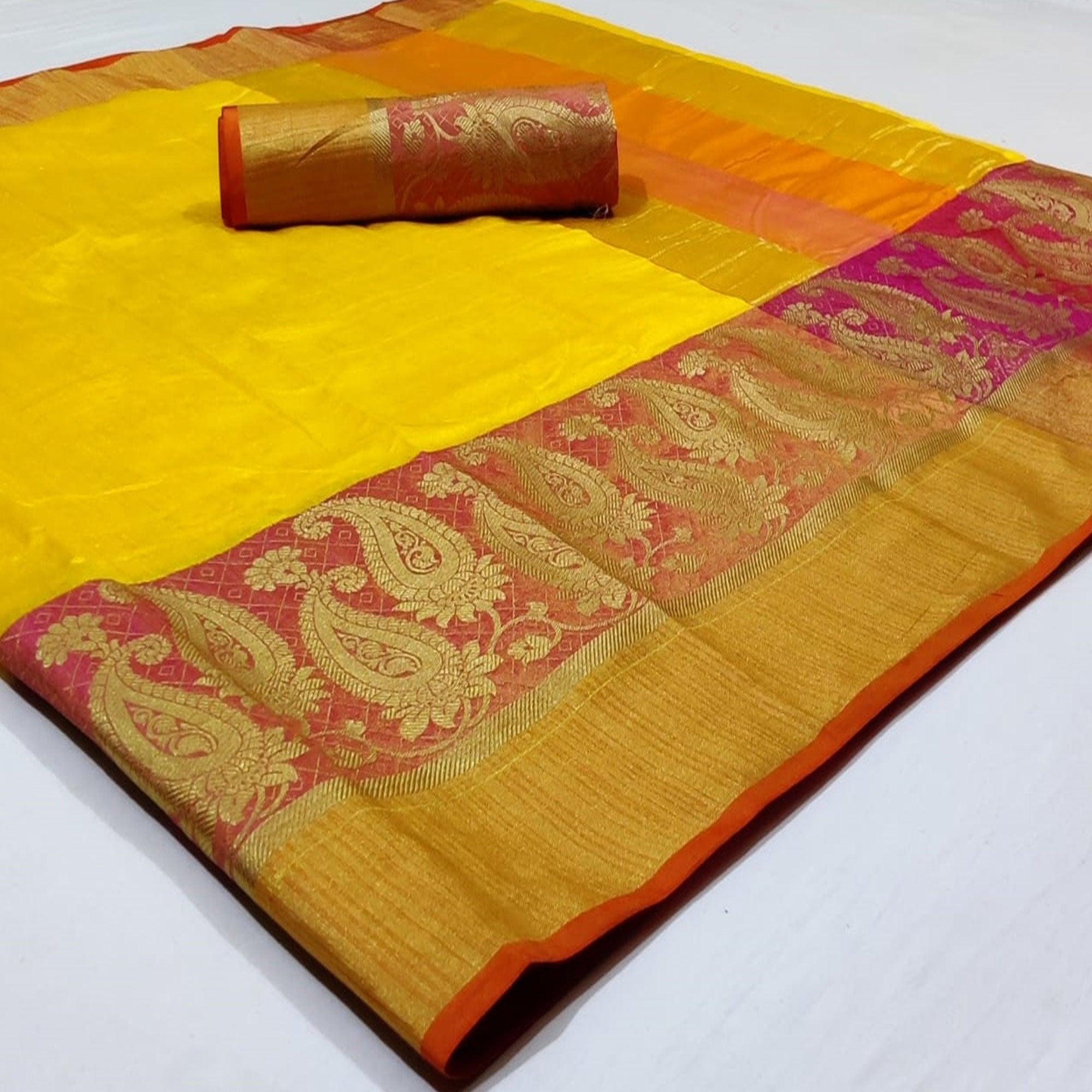 Impressive Yellow Colored Festive Wear Woven Silk Saree - Peachmode
