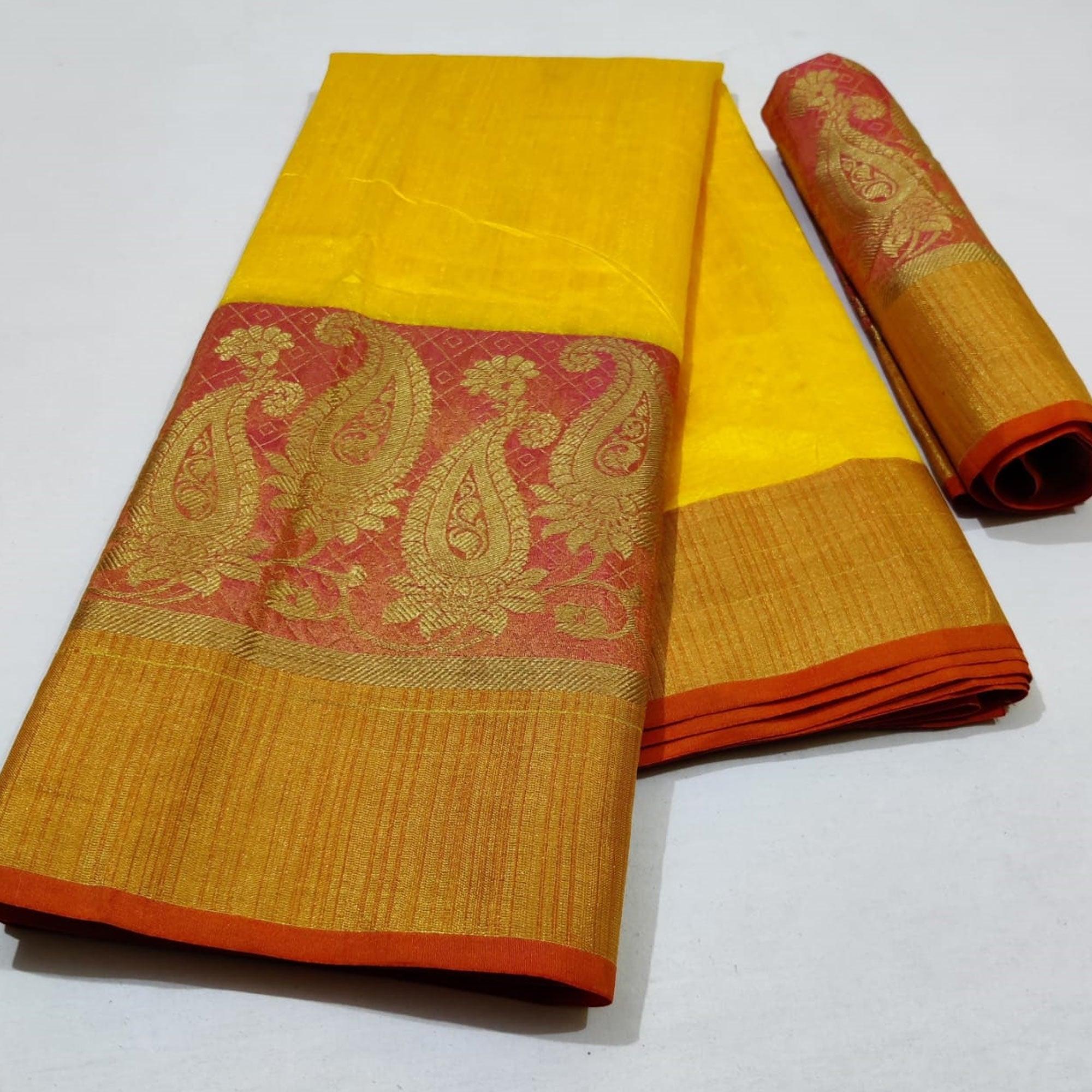 Impressive Yellow Colored Festive Wear Woven Silk Saree - Peachmode