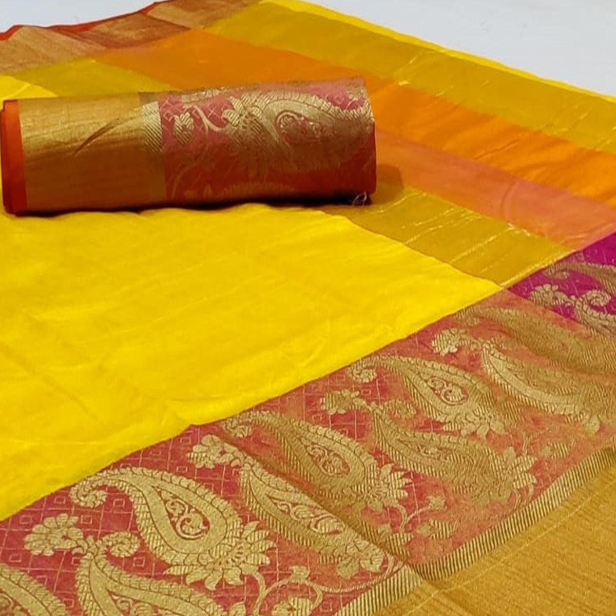 Impressive Yellow Colored Festive Wear Woven Silk Saree - Peachmode