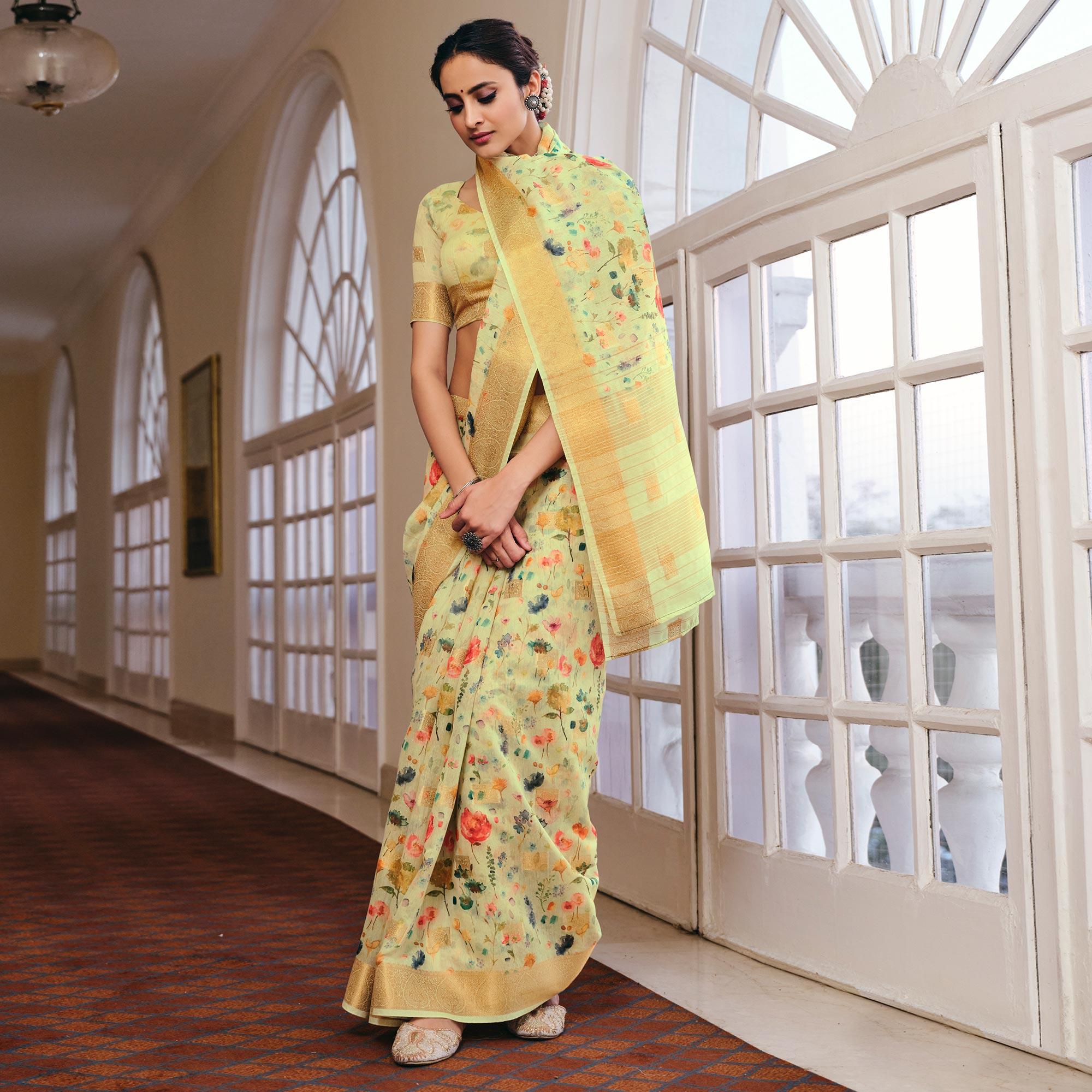 Impressive Yellow-Lemon Colored Party Wear Digital Printed Linen Saree - Peachmode