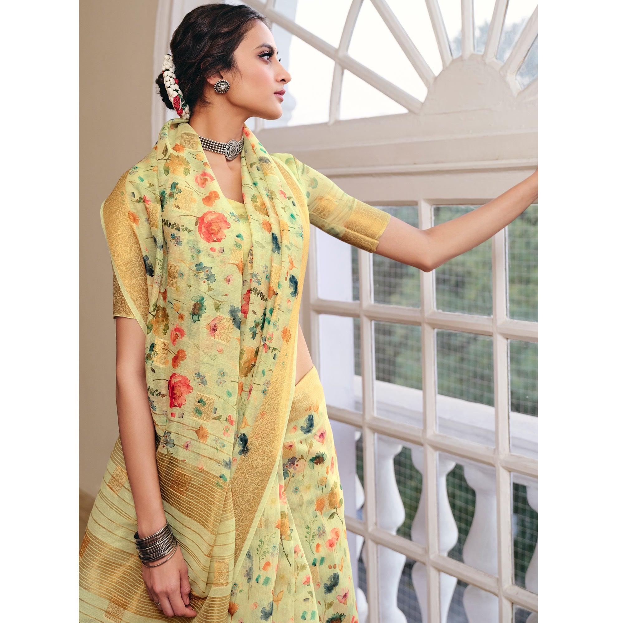 Impressive Yellow-Lemon Colored Party Wear Digital Printed Linen Saree - Peachmode
