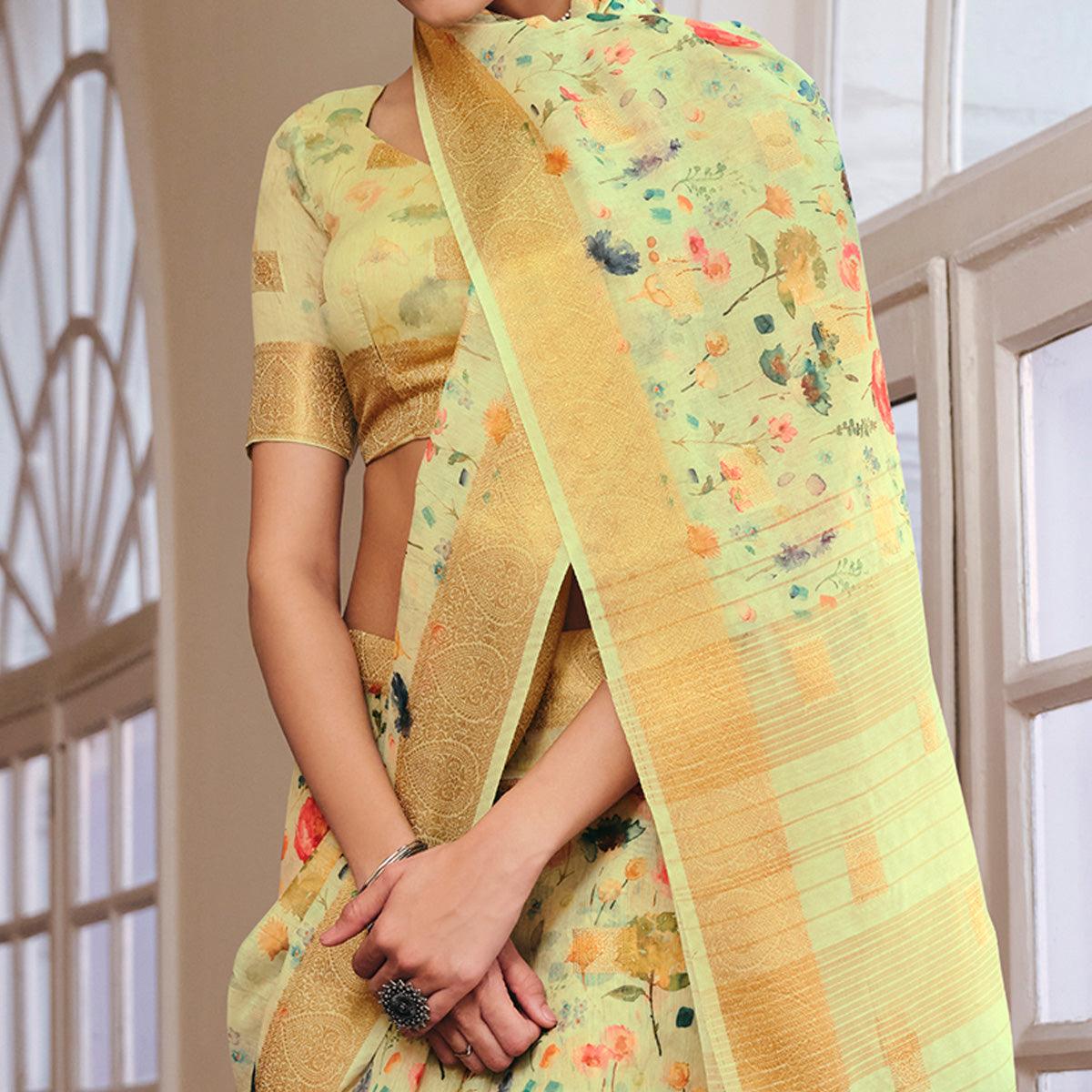 Impressive Yellow-Lemon Colored Party Wear Digital Printed Linen Saree - Peachmode